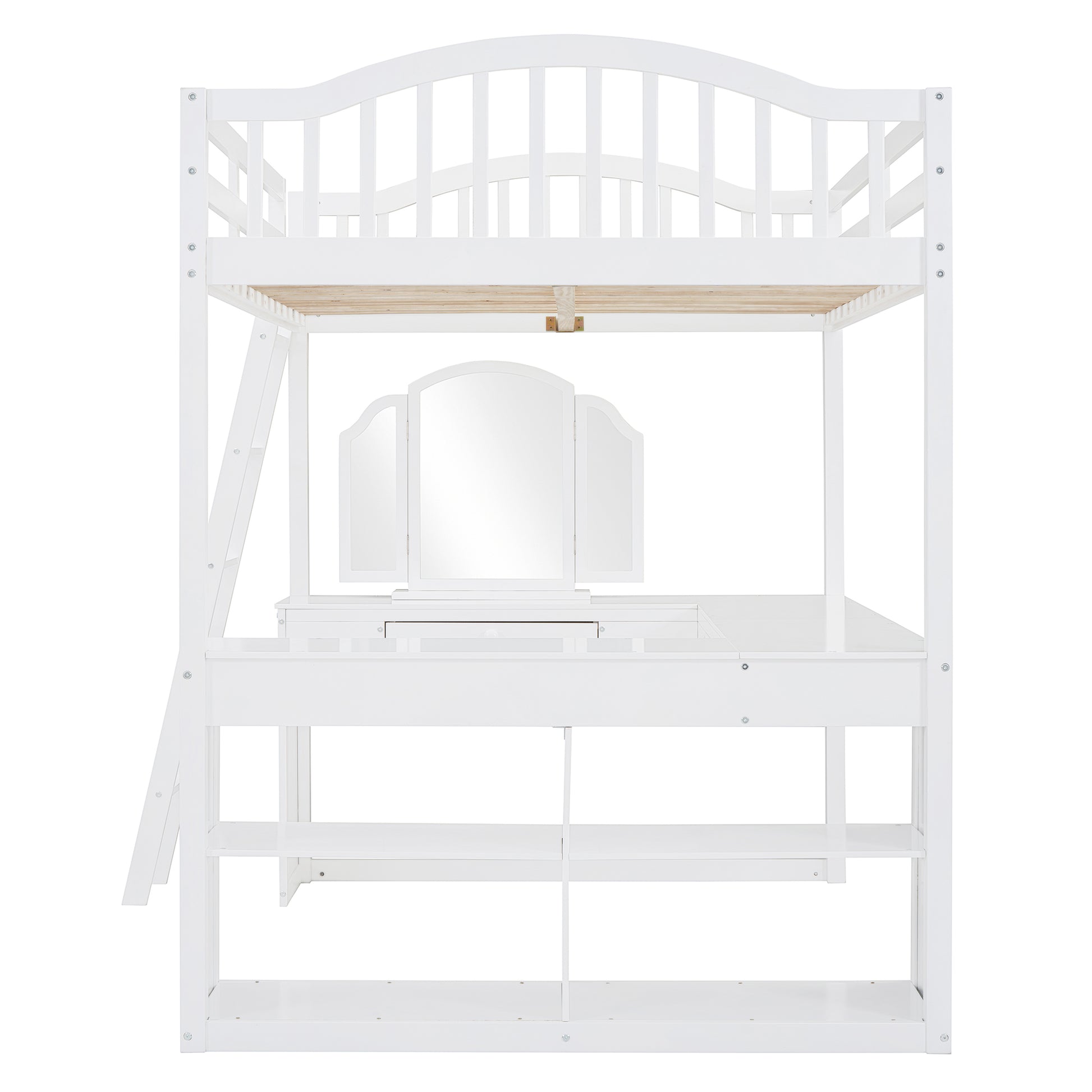 White twin loft bed with desk and shelves ideal for kids room