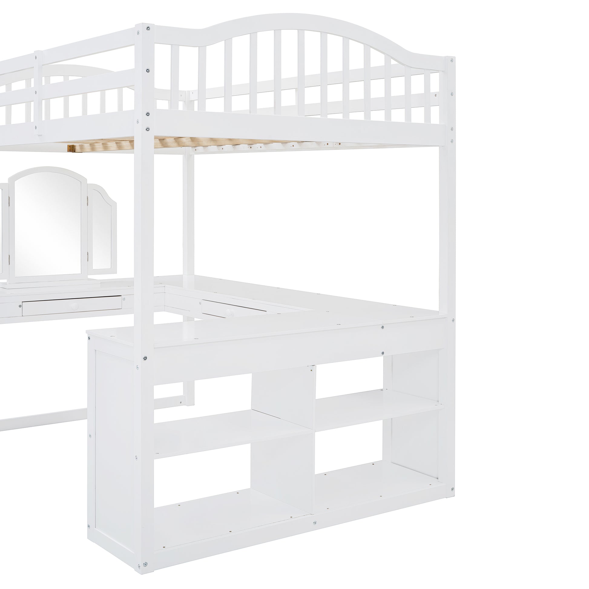 White loft bed with integrated desk and shelving unit