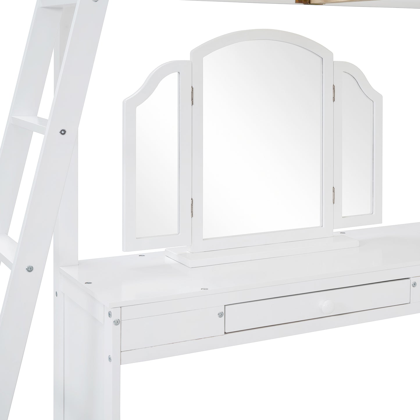 White wooden dresser with trifold mirror and drawer perfect for a vanity set