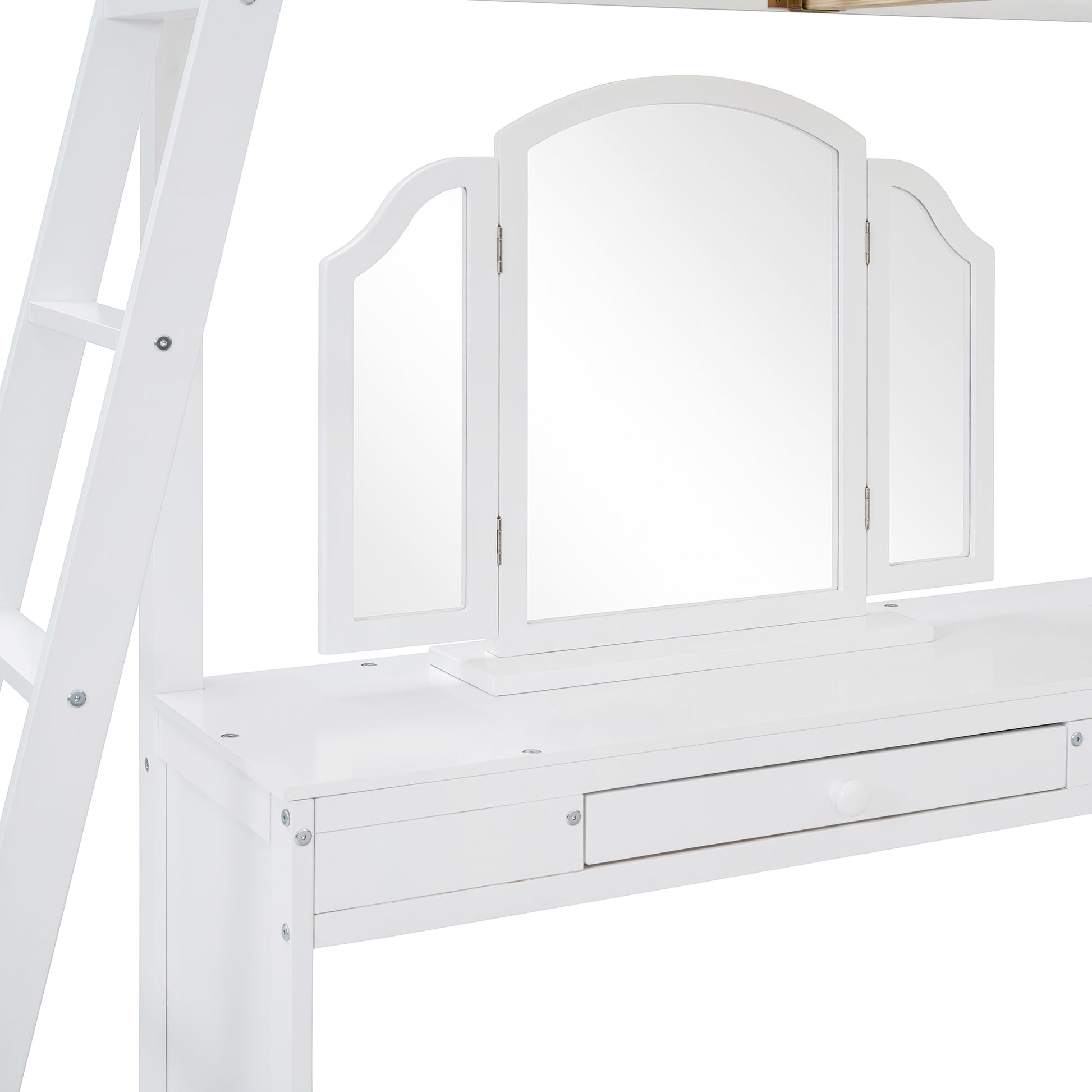 White wooden dresser with trifold mirror and drawer perfect for a vanity set
