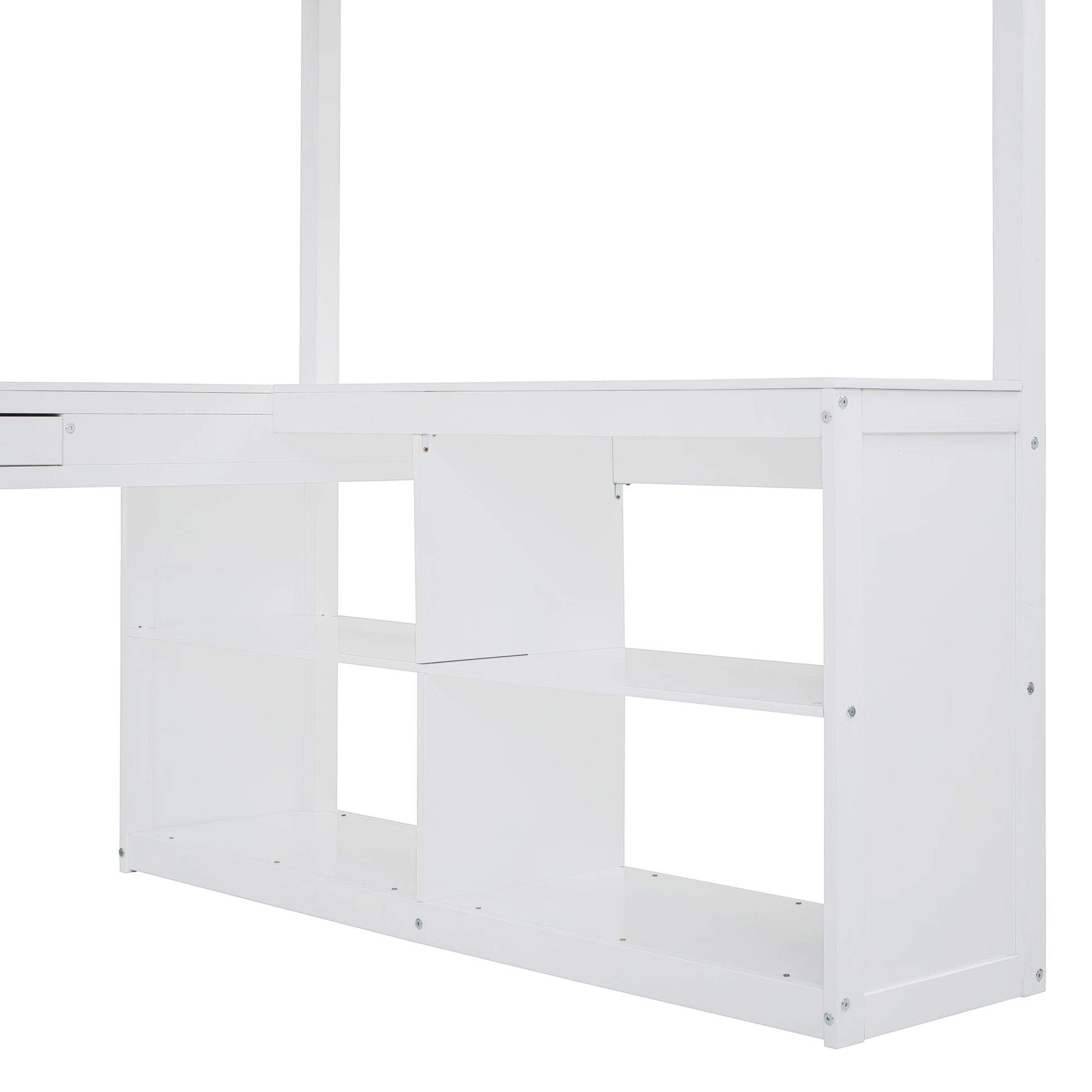 White wooden desk with open shelving unit for books and decor