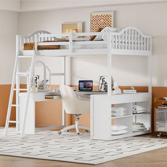 White wooden loft bed with integrated desk and shelving perfect for small spaces