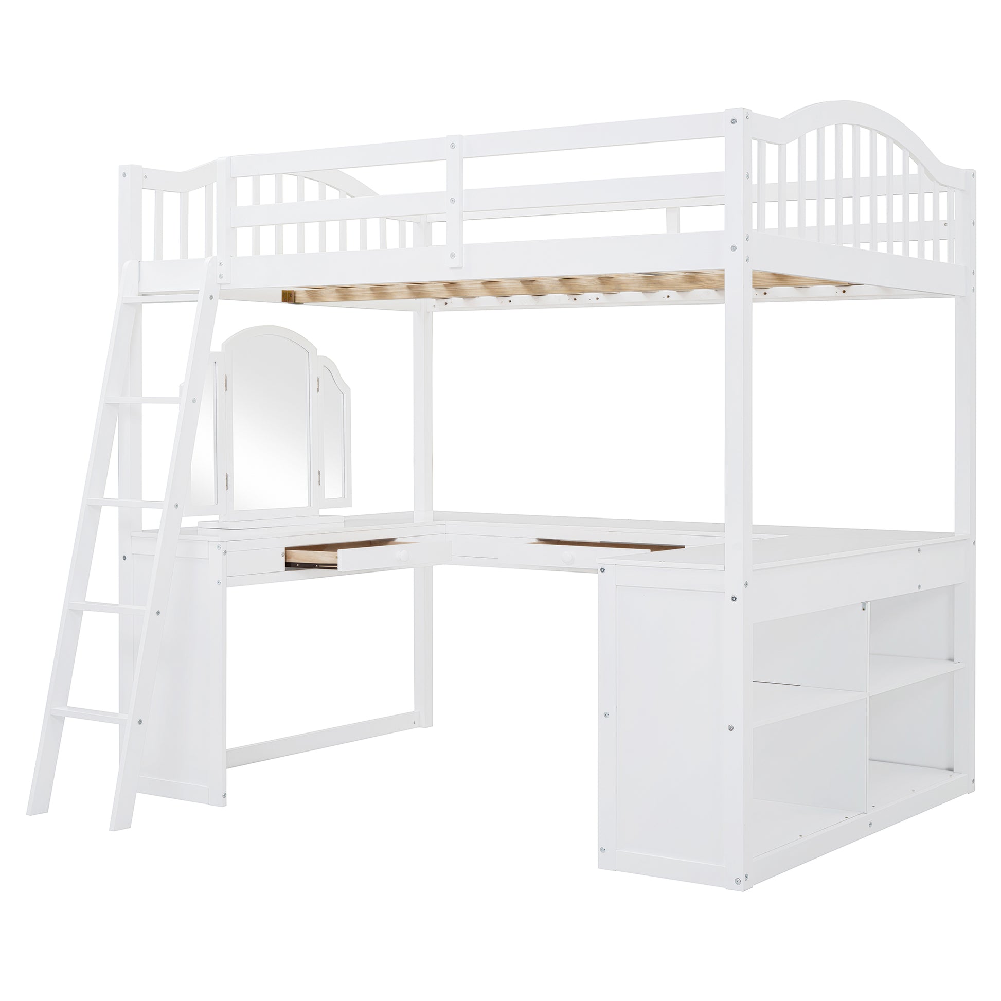 White wooden loft bed with integrated desk shelves and vanity mirror