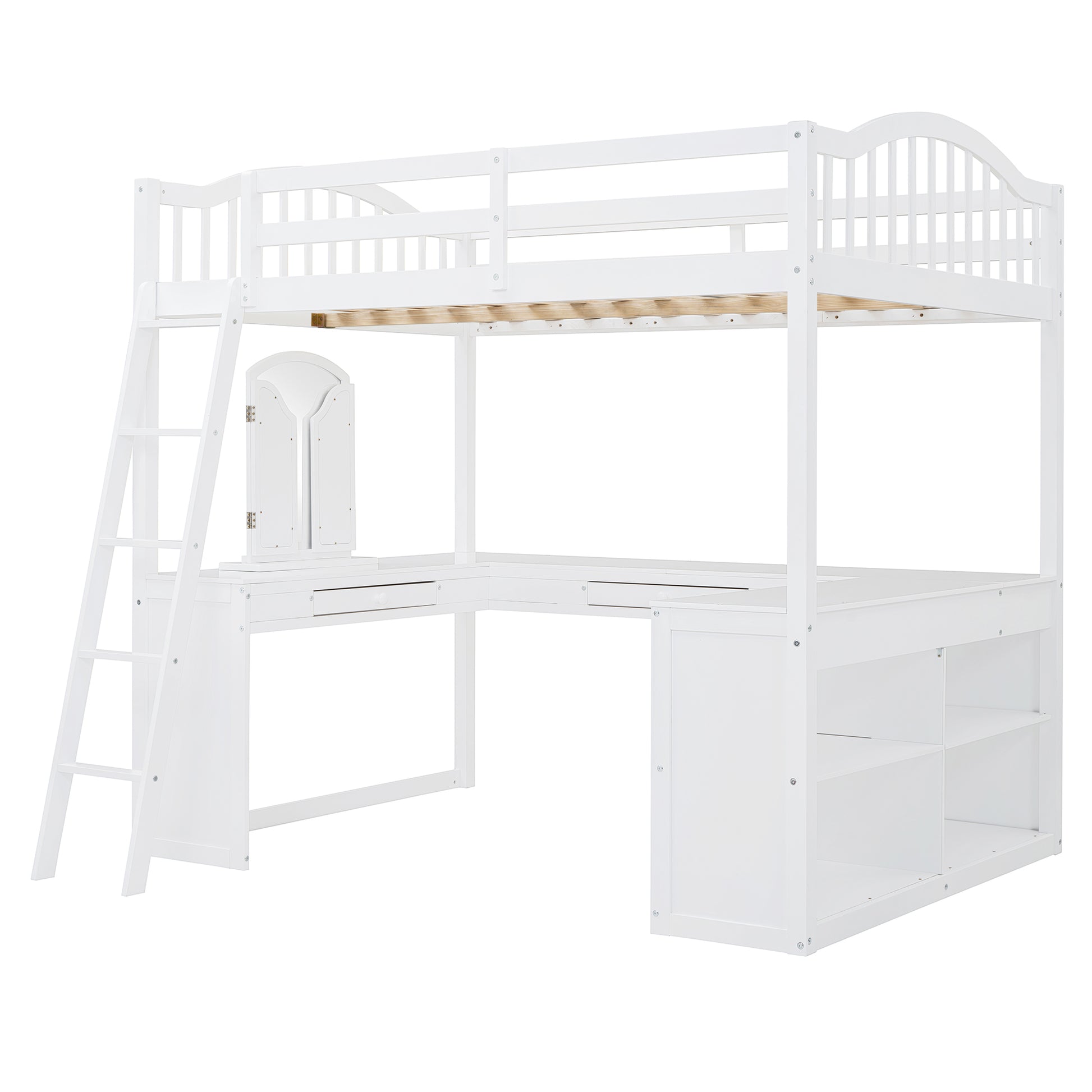 White loft bed with desk and ladder featuring a modern design for spacesaving