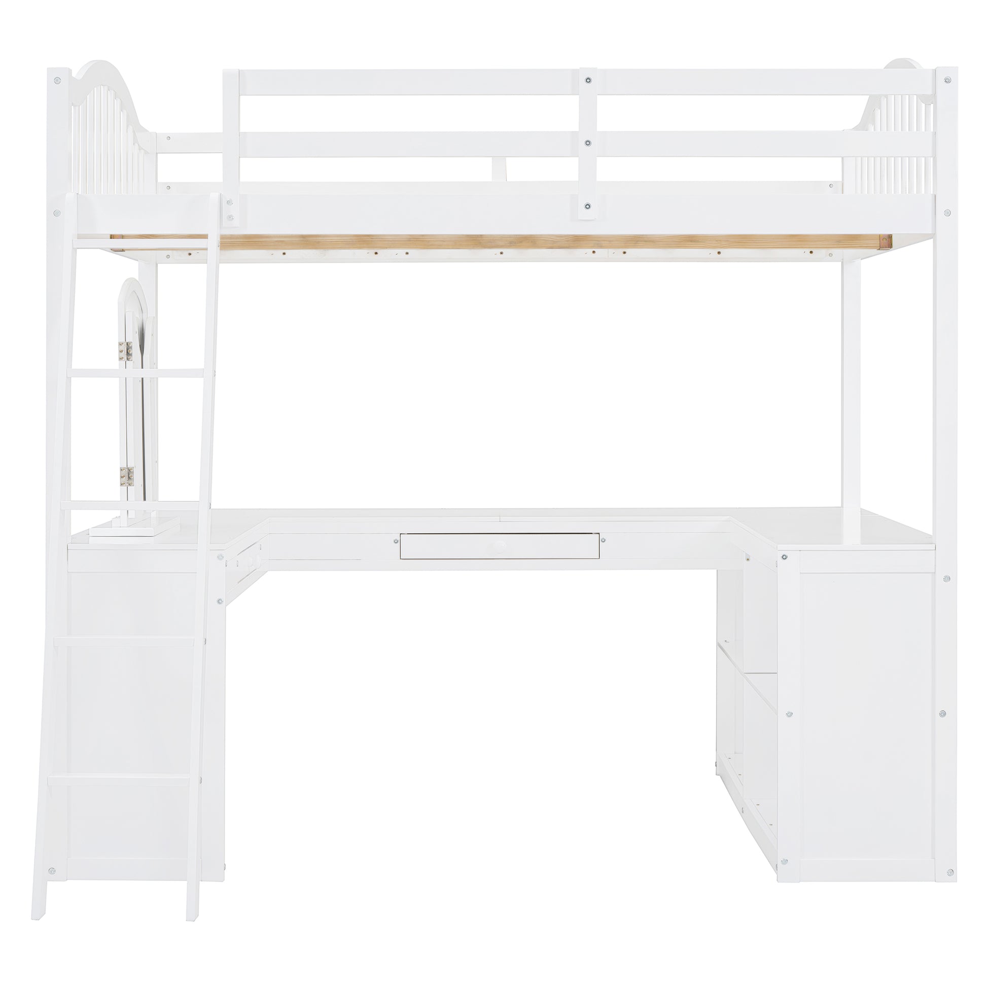 White loft bed with integrated desk shelves and mirror for efficient space use