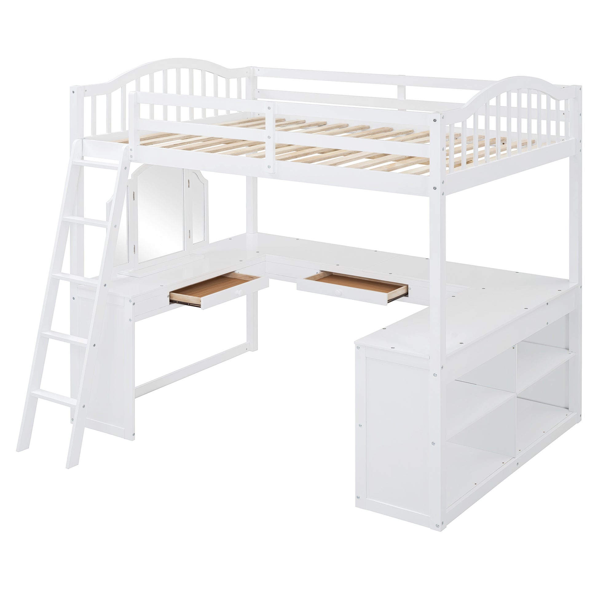 White loft bed with desk and storage featuring a ladder and drawers for kids rooms