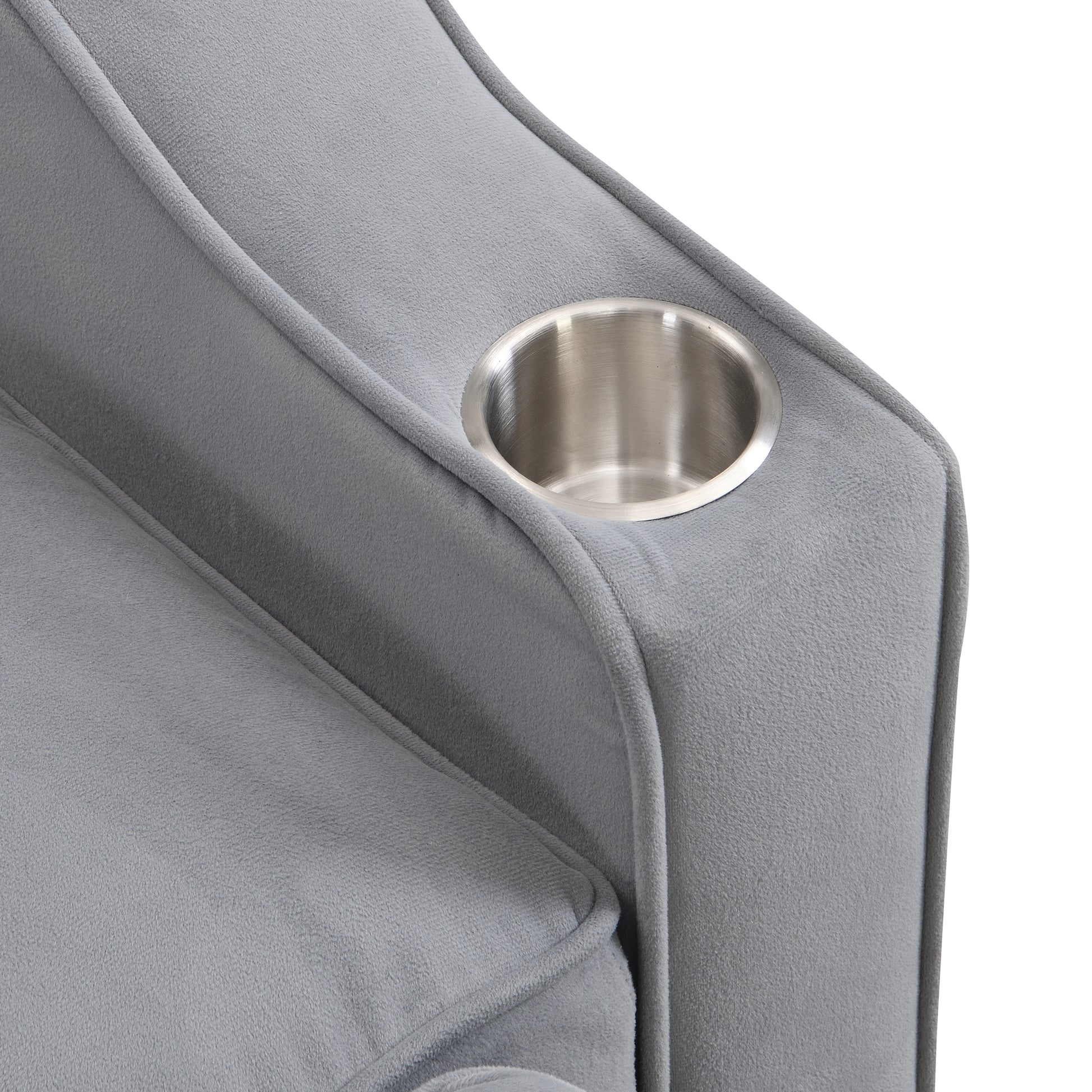 Gray plush recliner with integrated stainless steel cup holder