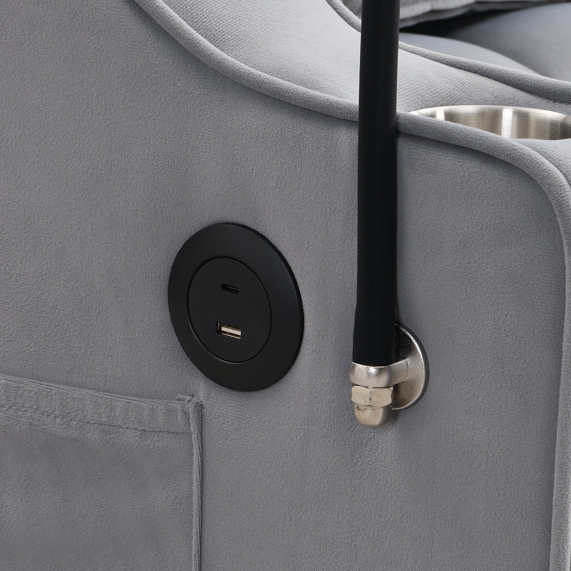 Gray velvet recliner with builtin USB charging port and cup holder