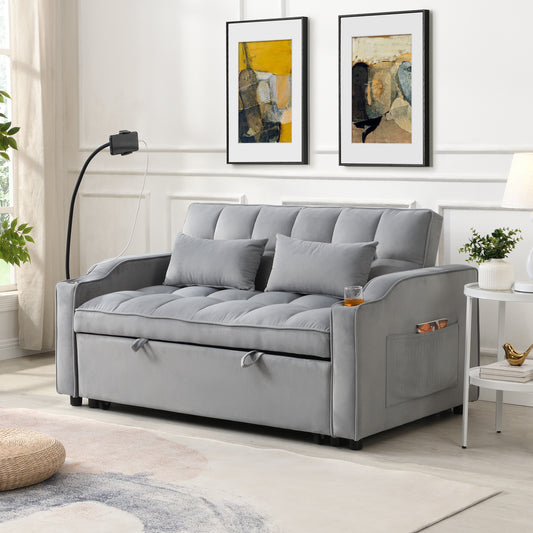 Grey velvet convertible sofa bed with tufted cushions and storage pockets