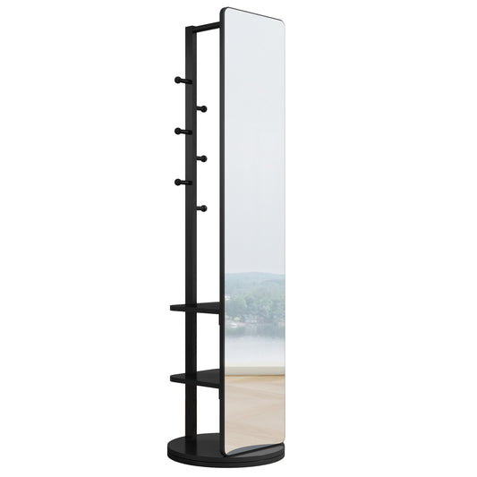Black modern standing mirror with rotating base and coat hooks for entryway