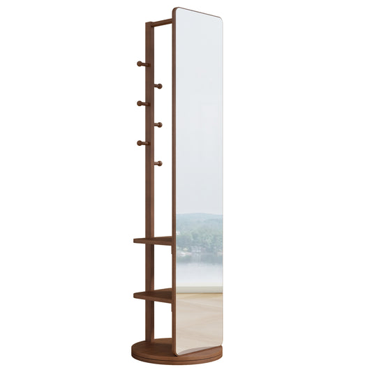 Wooden fulllength mirror with coat hooks and two shelves ideal for entryway organization