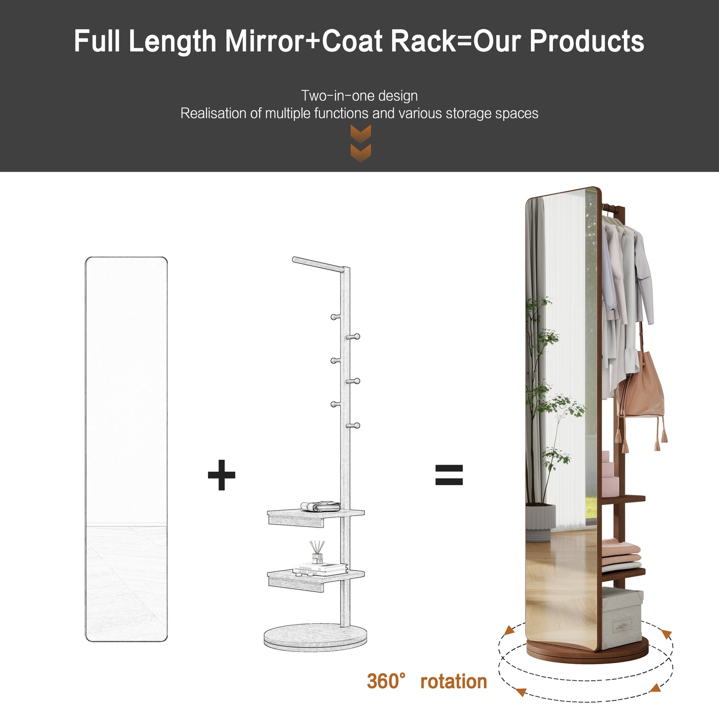 Full length mirror with an integrated wooden coat rack for modern home organization