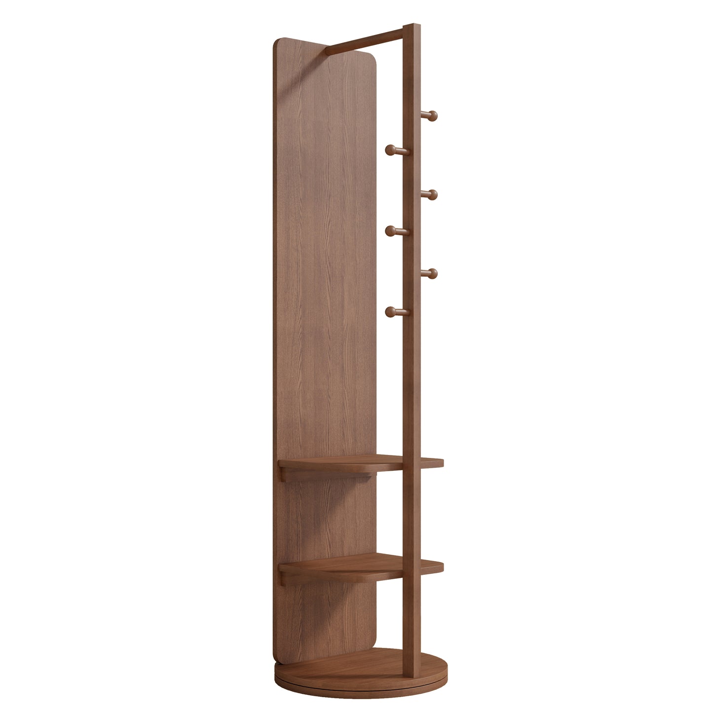Modern wooden coat rack with hooks and two shelves ideal for entryways
