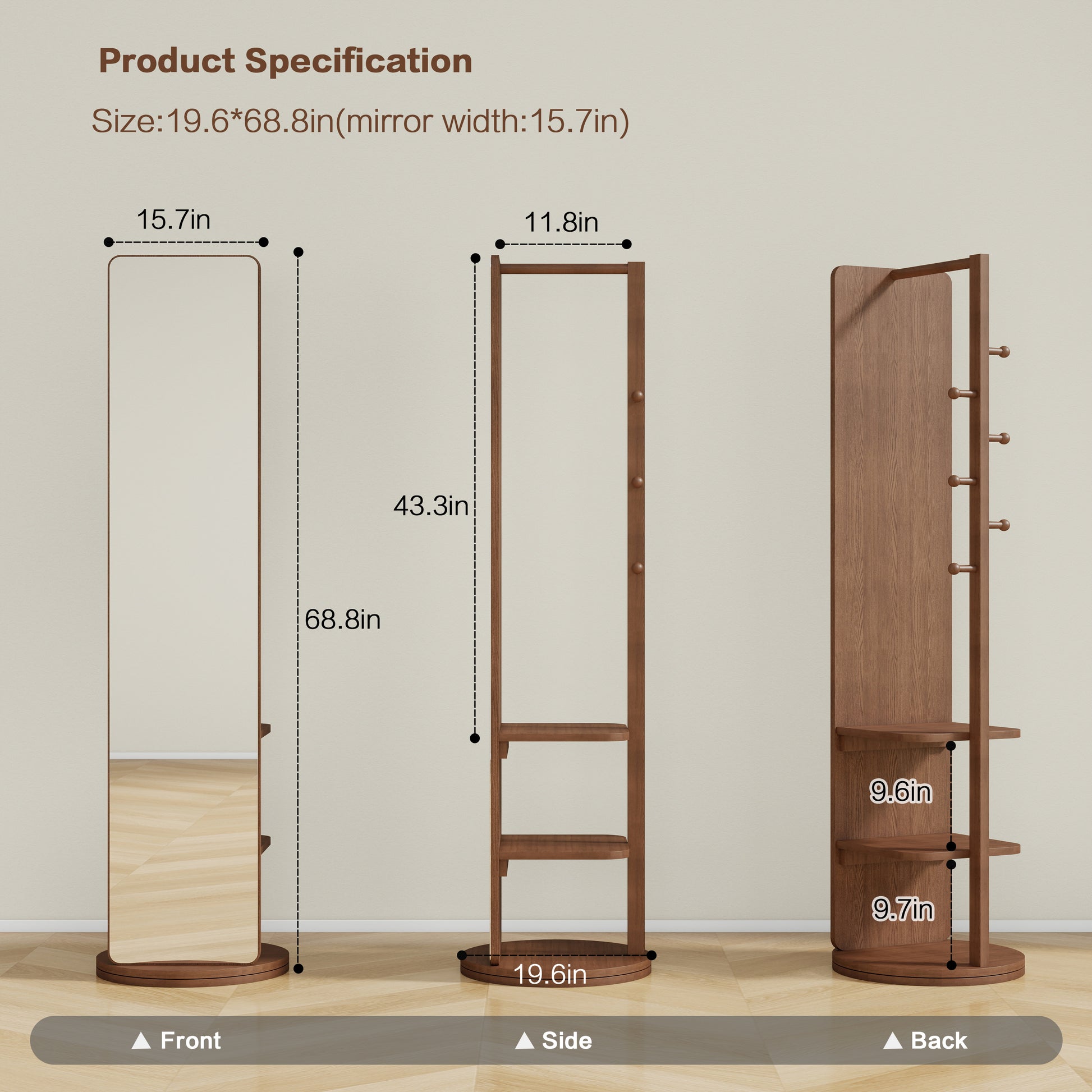 Fulllength freestanding wooden mirror with integrated coat rack and shelves for entryway organization