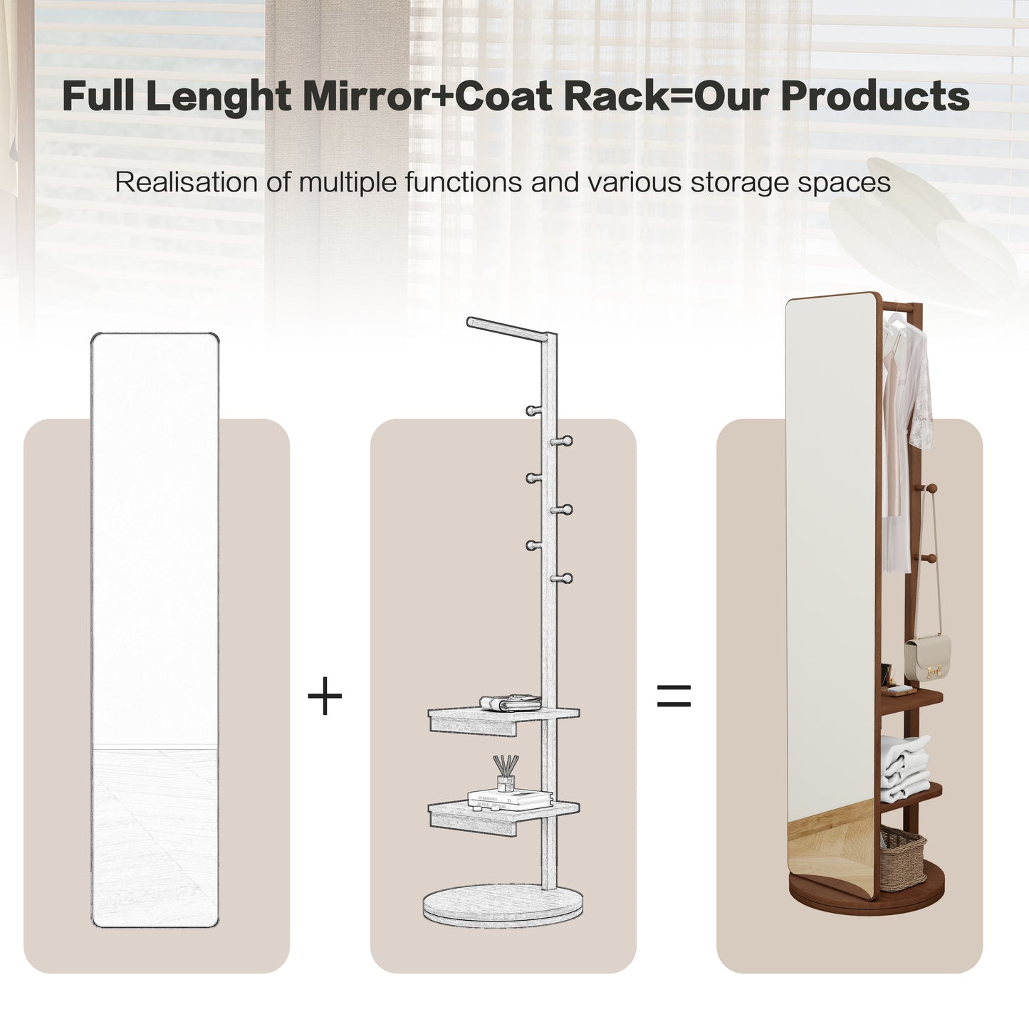 Full length standing mirror with integrated coat rack and shelving in dark wood finish