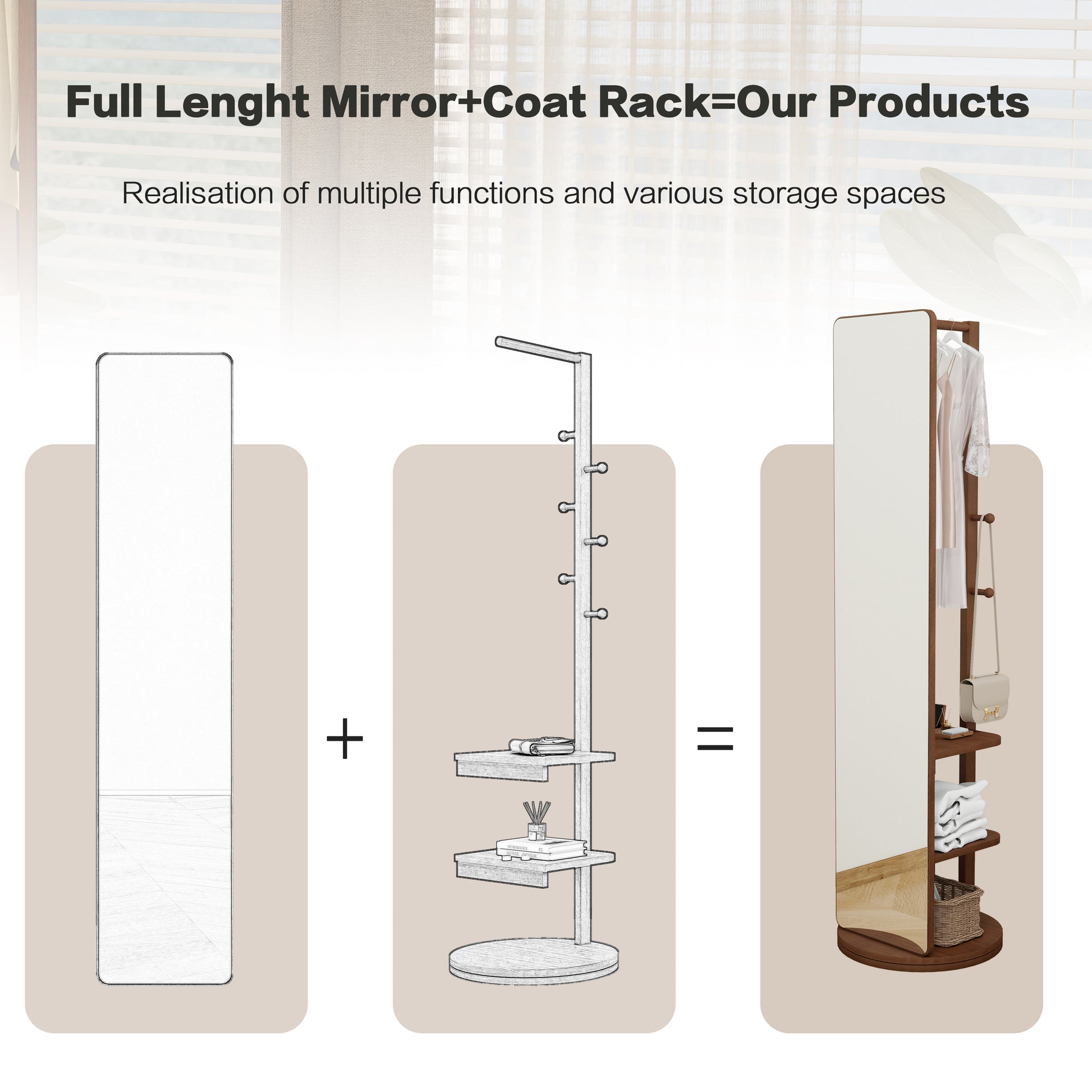 Full length standing mirror with integrated coat rack and shelving in dark wood finish