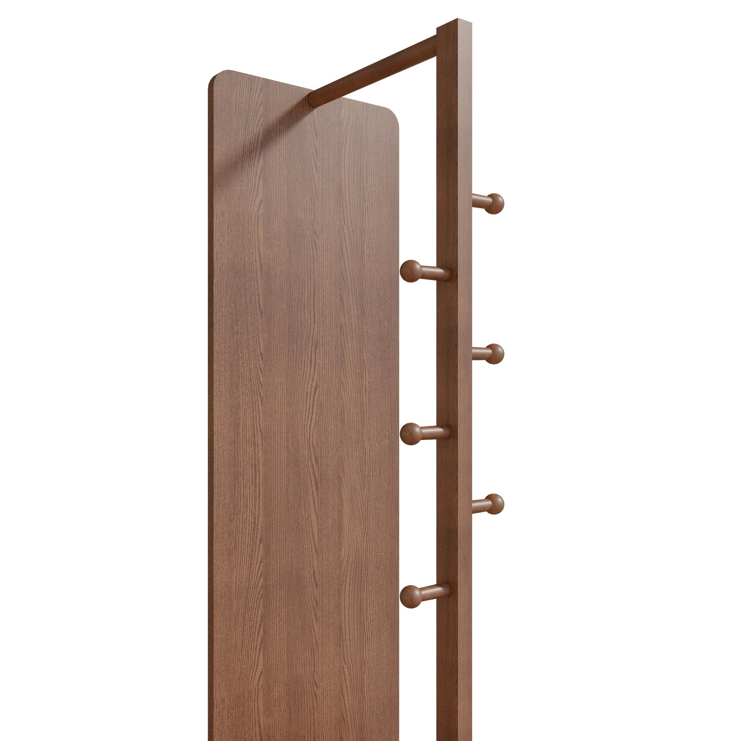 Modern wooden coat rack with a curved panel and five rounded hooks for entryway organization