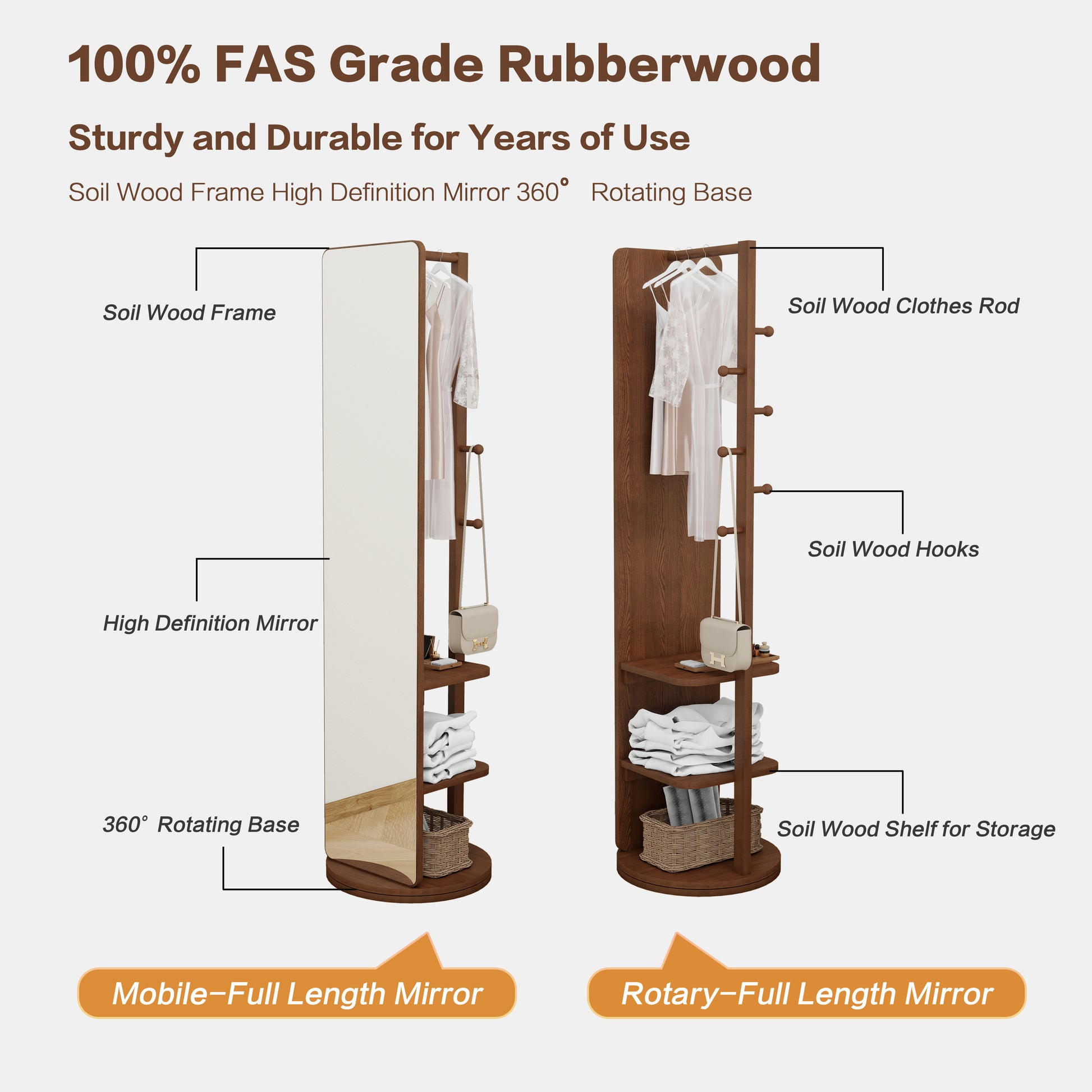 Soil wood rotating full length mirror with shelves and clothes rod