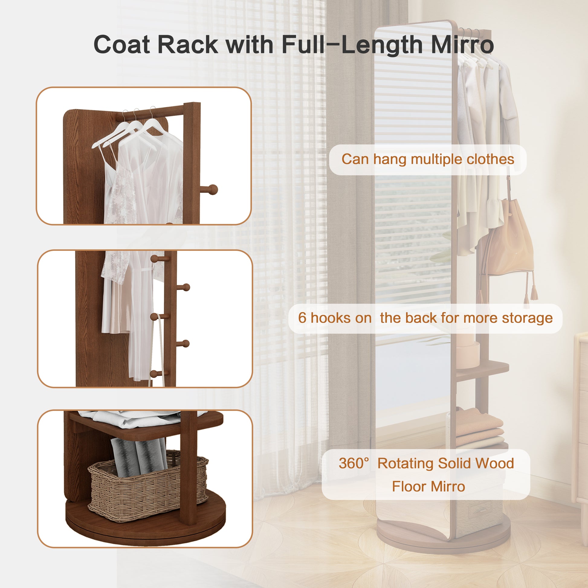 Dark wood rotating coat rack with fulllength mirror and hanging clothes