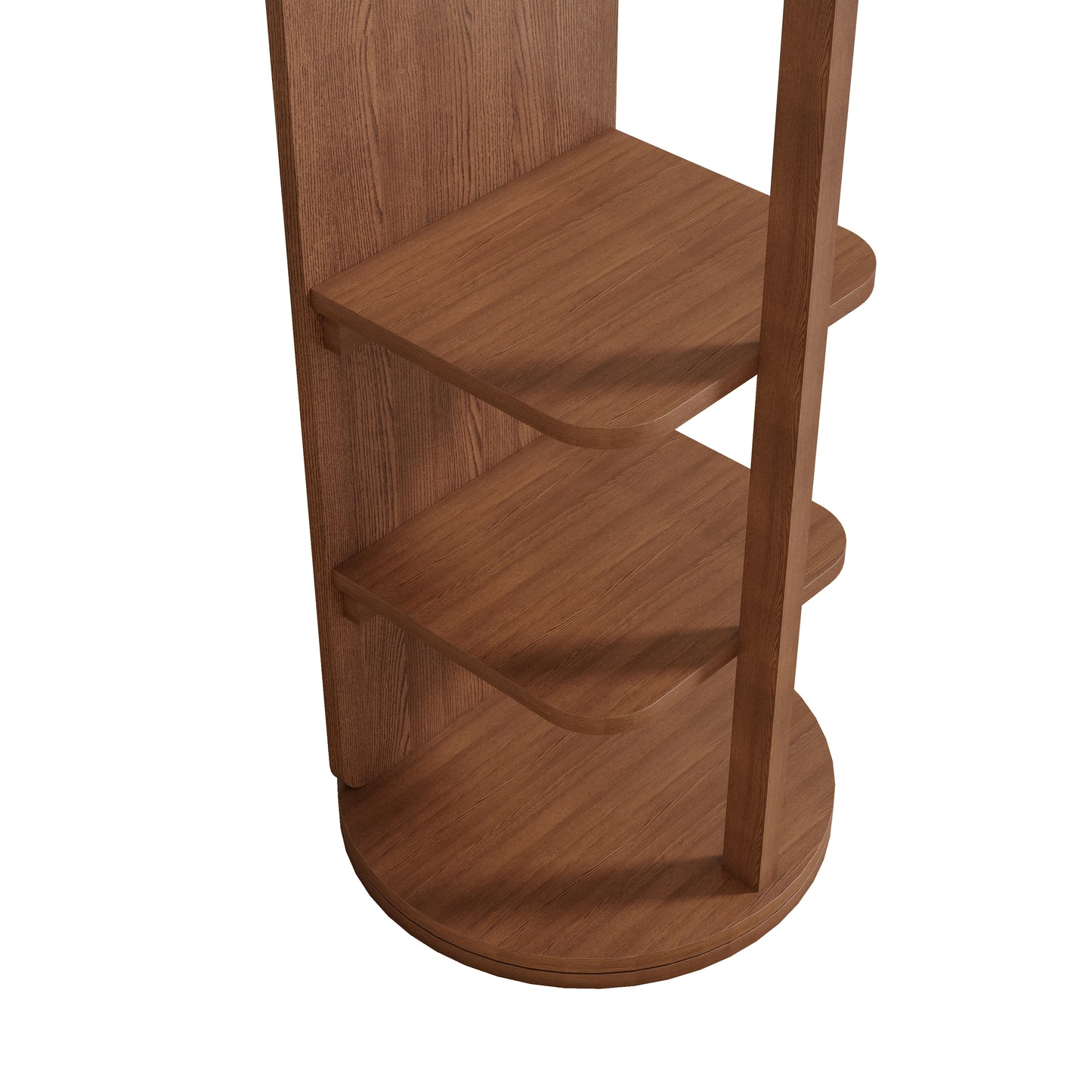 Elegant wooden display shelf with three curved tiers for home organization