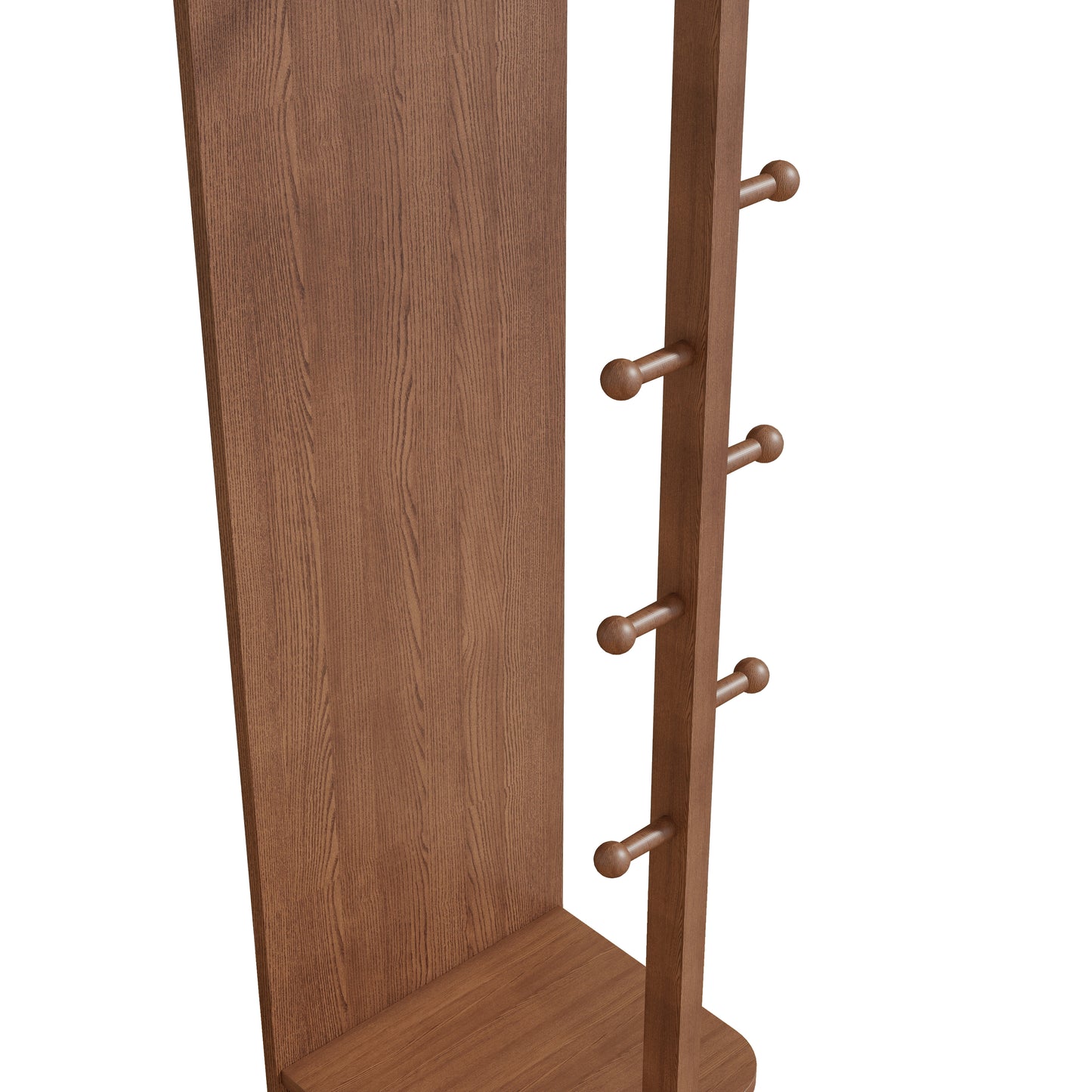 Brown wood coat rack with round pegs for hanging garments