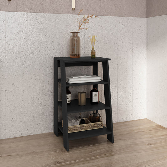 Sleek black fourtier shelving unit with towels and bath accessories for bathroom storage