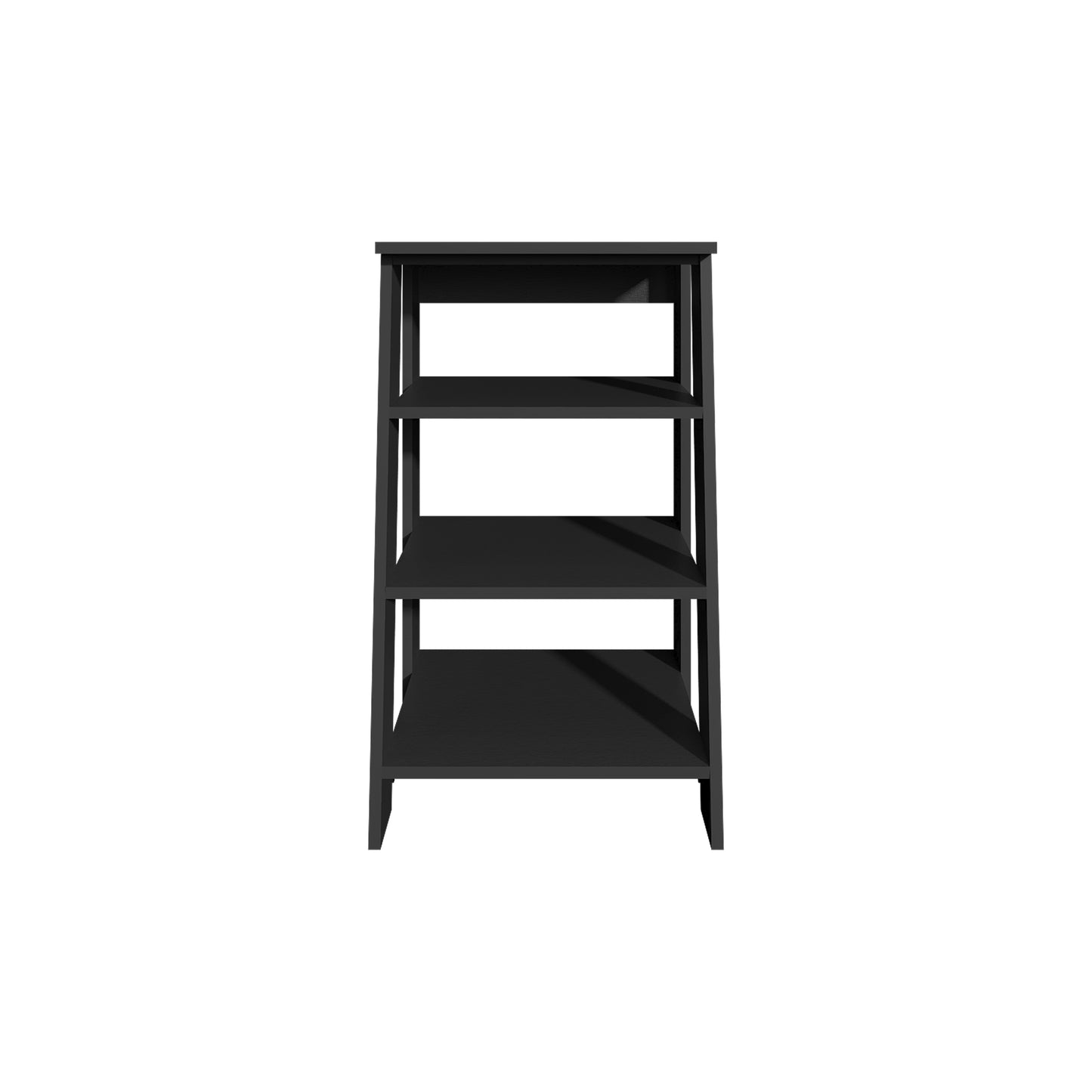 Modern black fourtier bookshelf with open shelves for storage