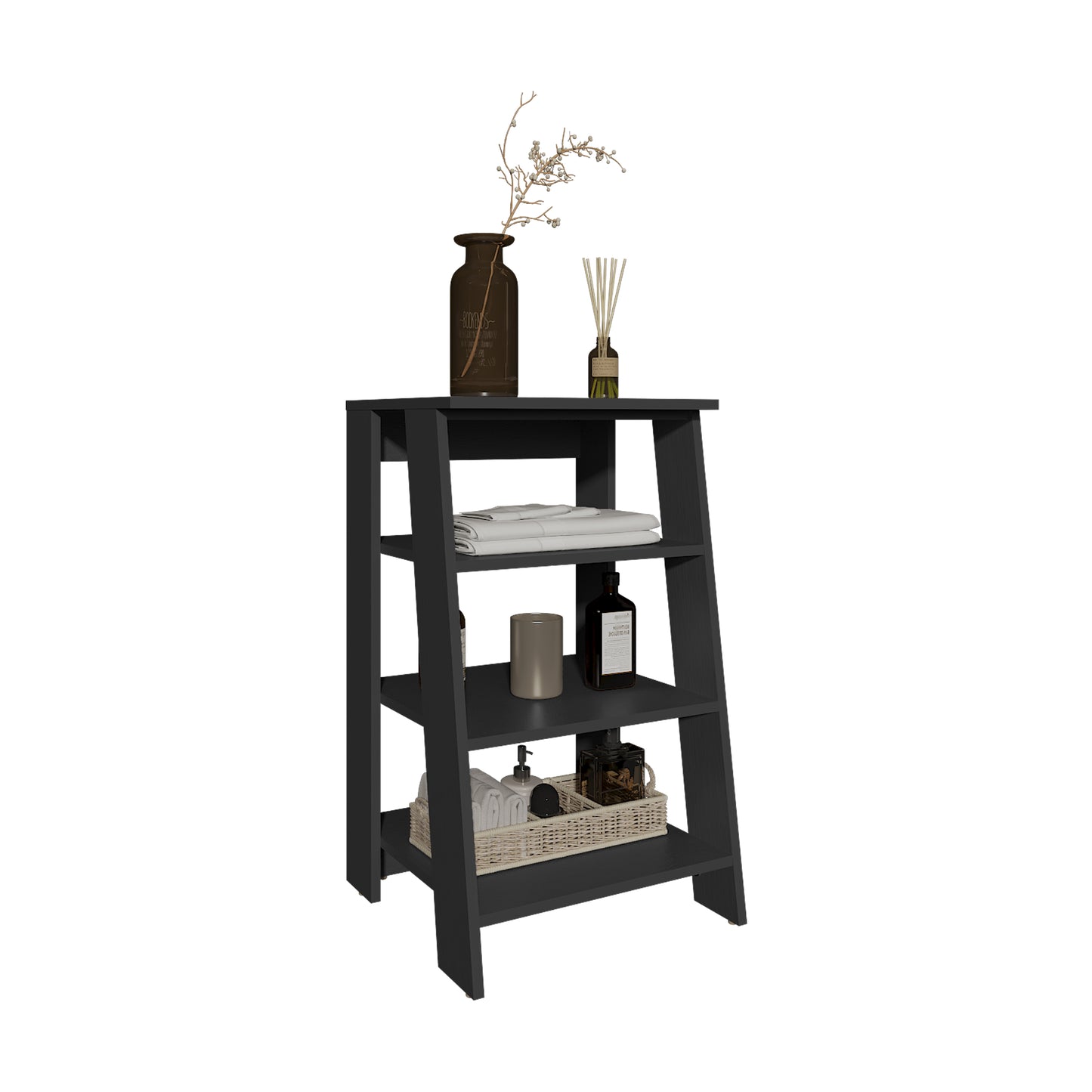 Dark gray modern ladder shelf with decorative items and towels