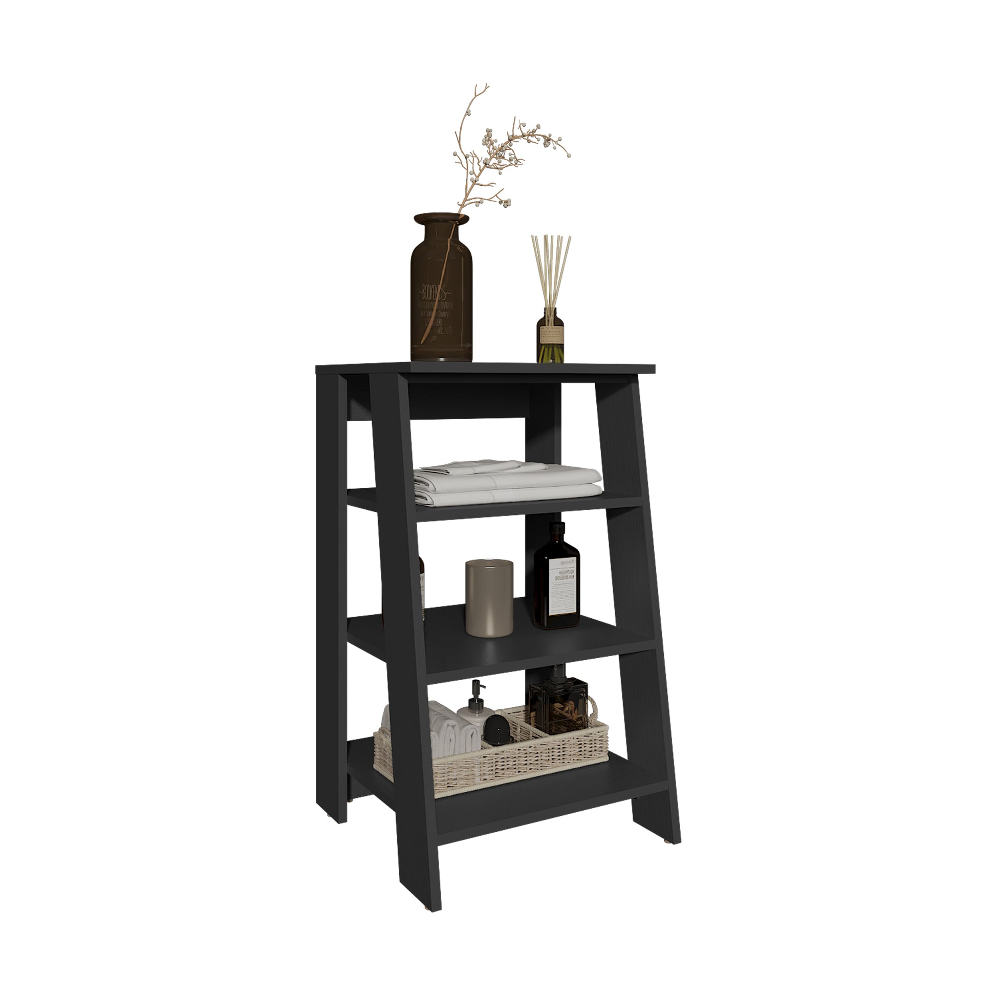 Dark gray modern ladder shelf with decorative items and towels