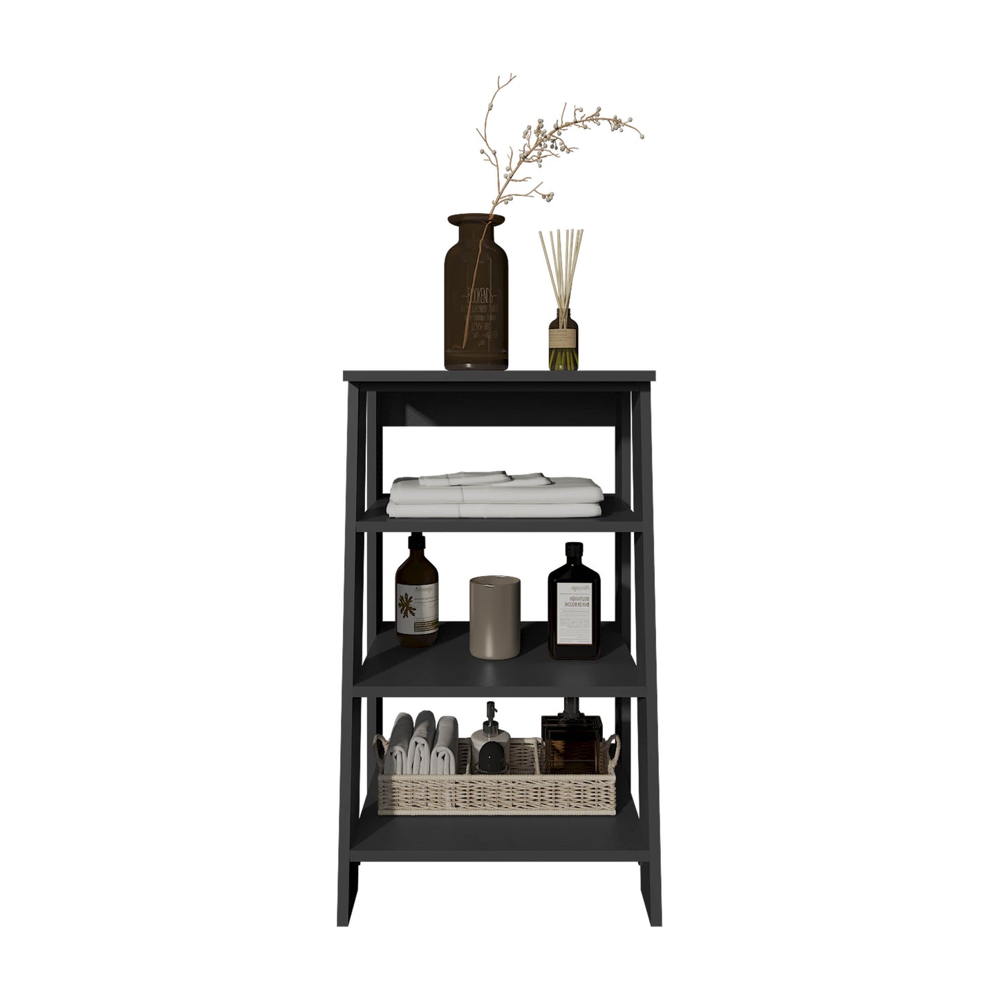 Modern black ladder shelf with toiletries and folded towels