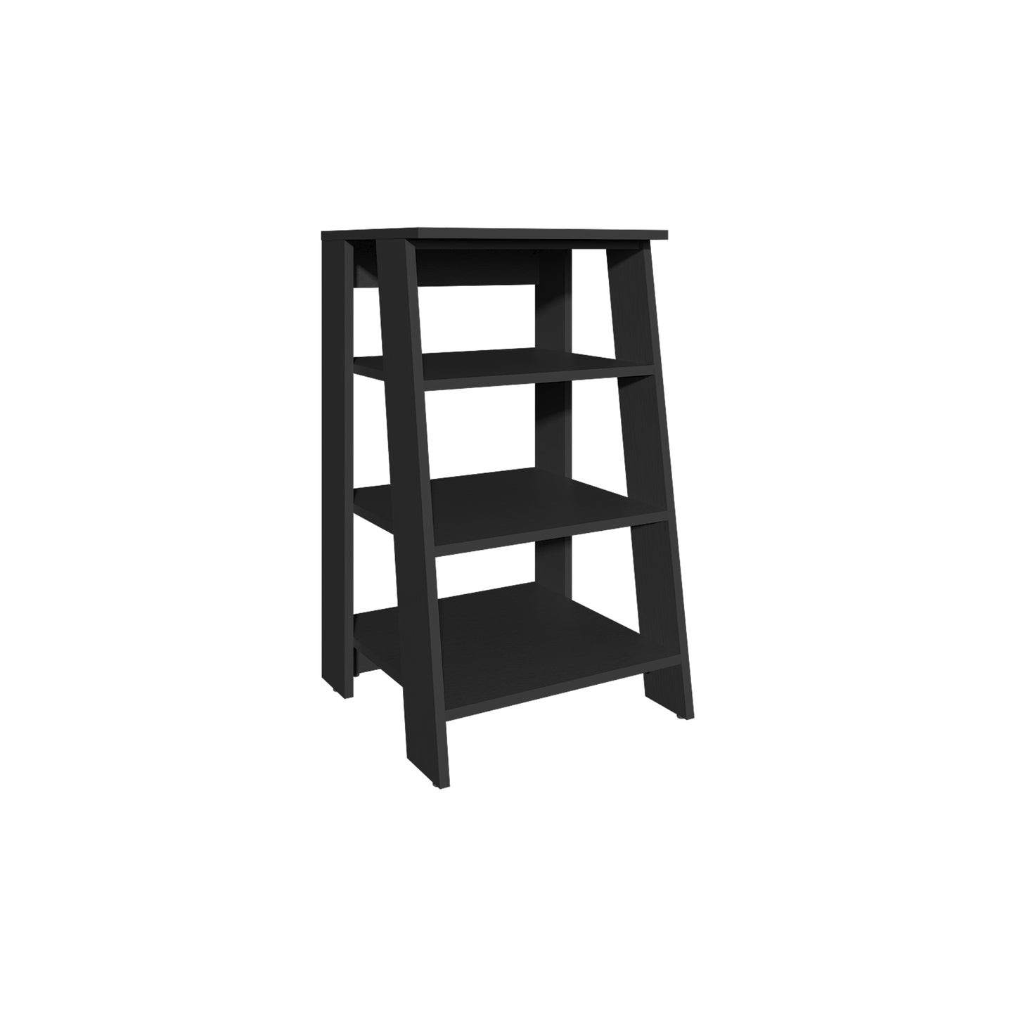 Black modern ladder shelf with three open shelves for display or storage