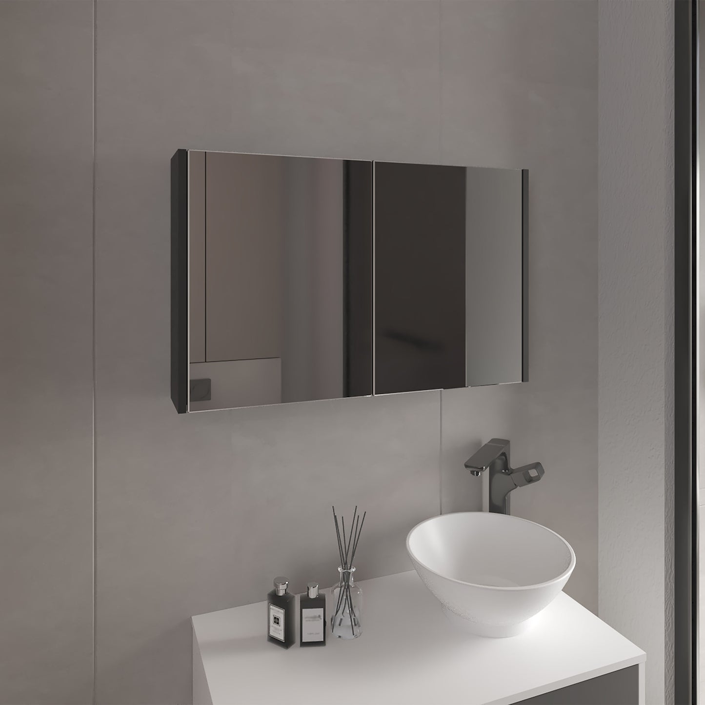 Modern rectangular mirrored medicine cabinet with dark frame ideal for bathroom storage