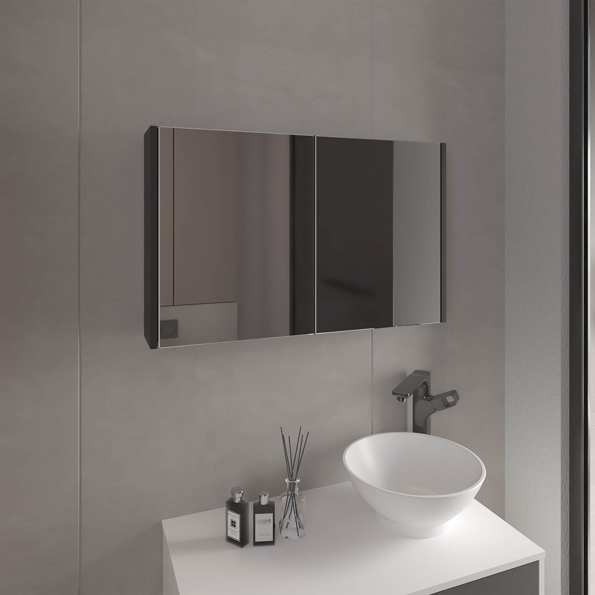 Modern rectangular mirrored medicine cabinet with dark frame ideal for bathroom storage