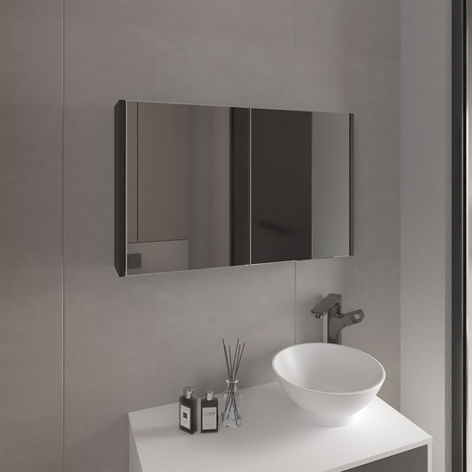 Modern rectangular mirrored medicine cabinet with dark frame ideal for bathroom storage