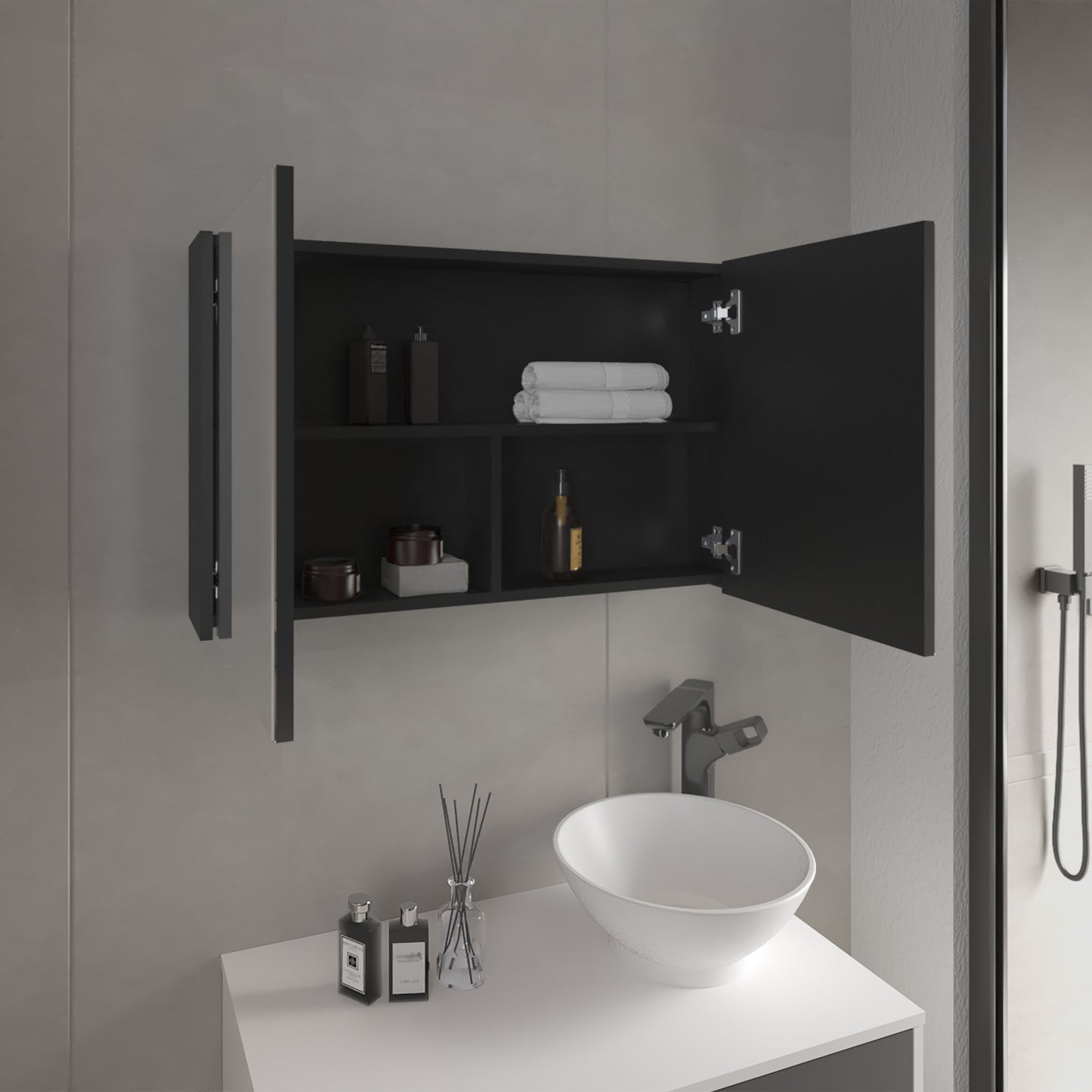 Modern black bathroom medicine cabinet with open doors displaying toiletries and towels