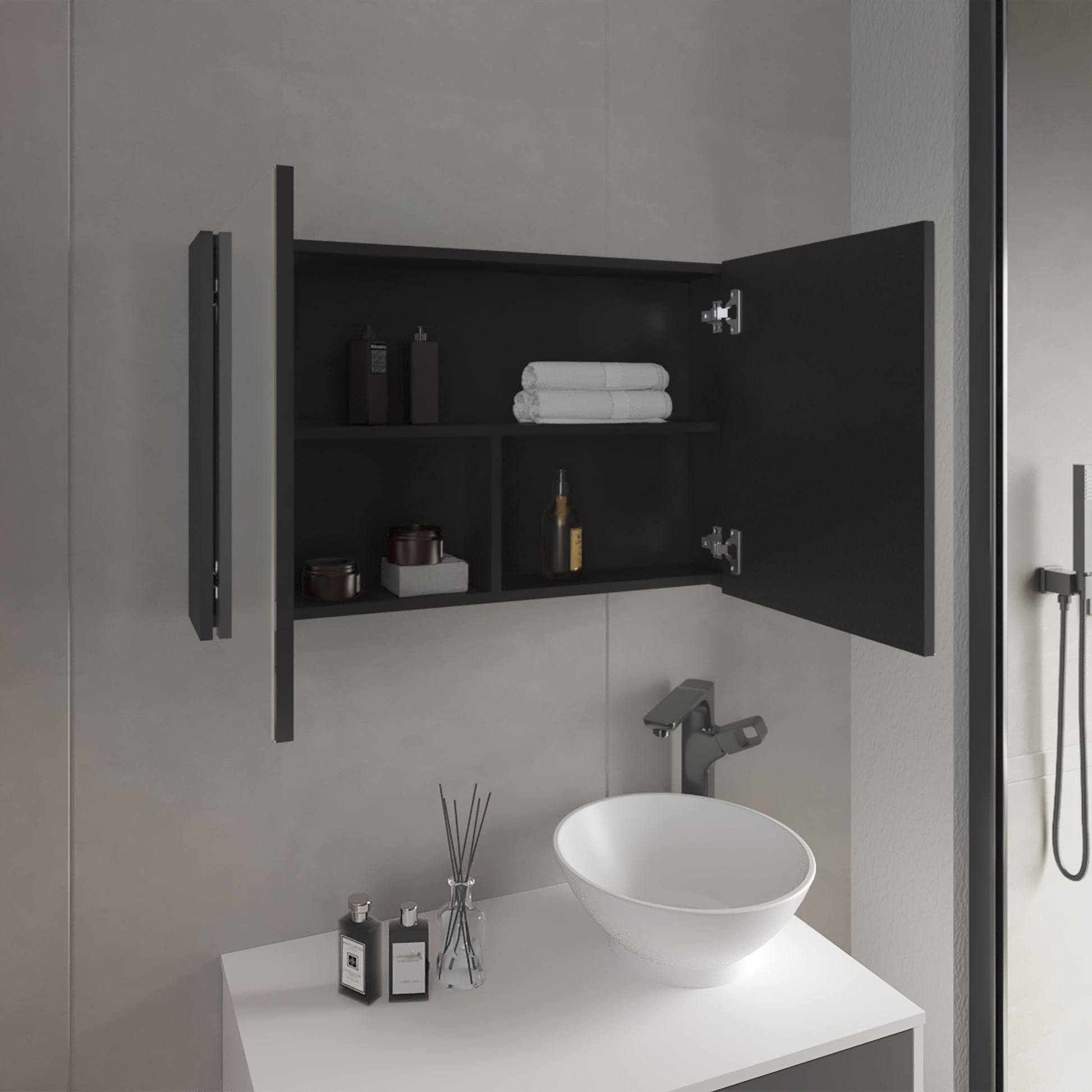 Modern black bathroom medicine cabinet with open doors displaying toiletries and towels