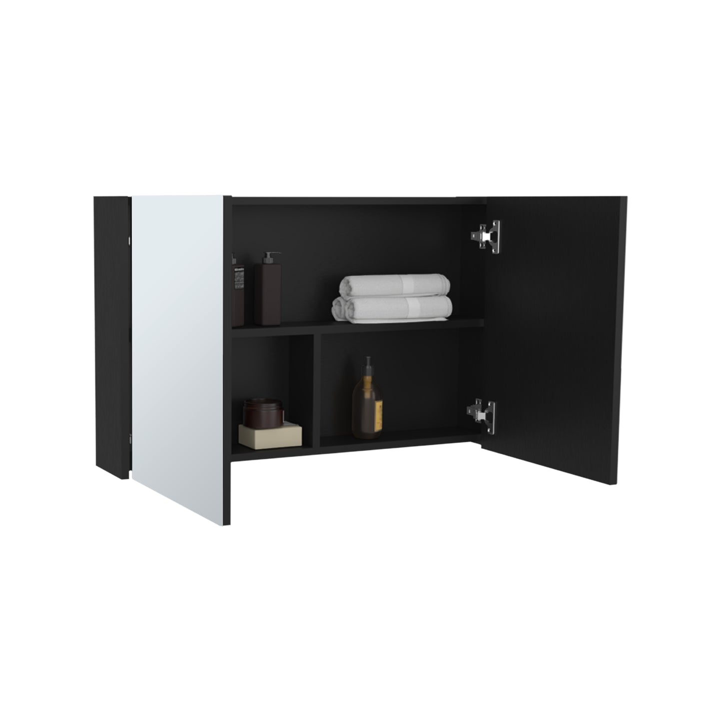 Modern black and white wall cabinet with open doors showcasing toiletries and towels on shelves