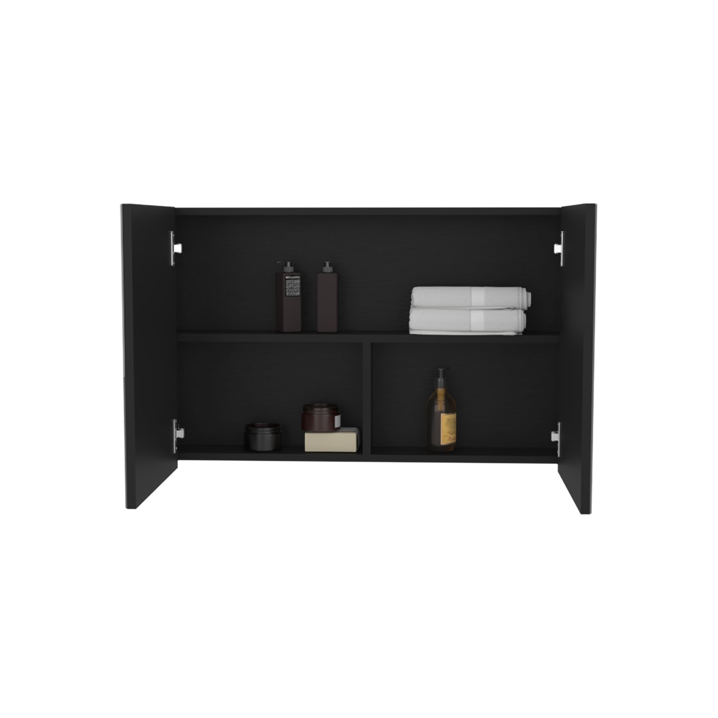 Open black bathroom vanity with two shelves holding toiletries and towels