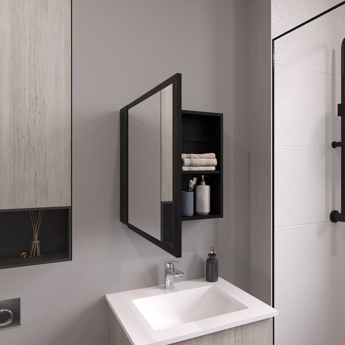 Modern black medicine cabinet with mirrored door and open shelving displaying toiletries and towels