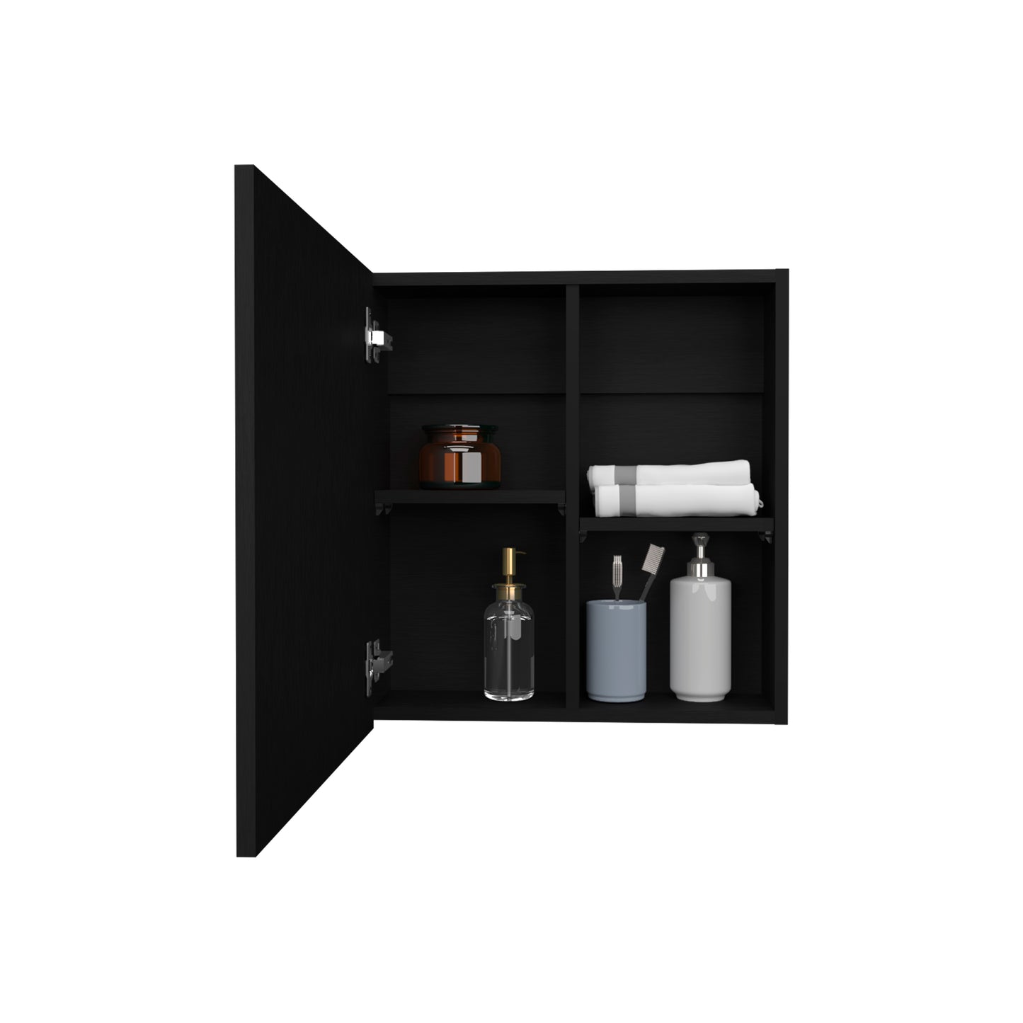 Black bathroom cabinet with amber glass jar and soap dispenser