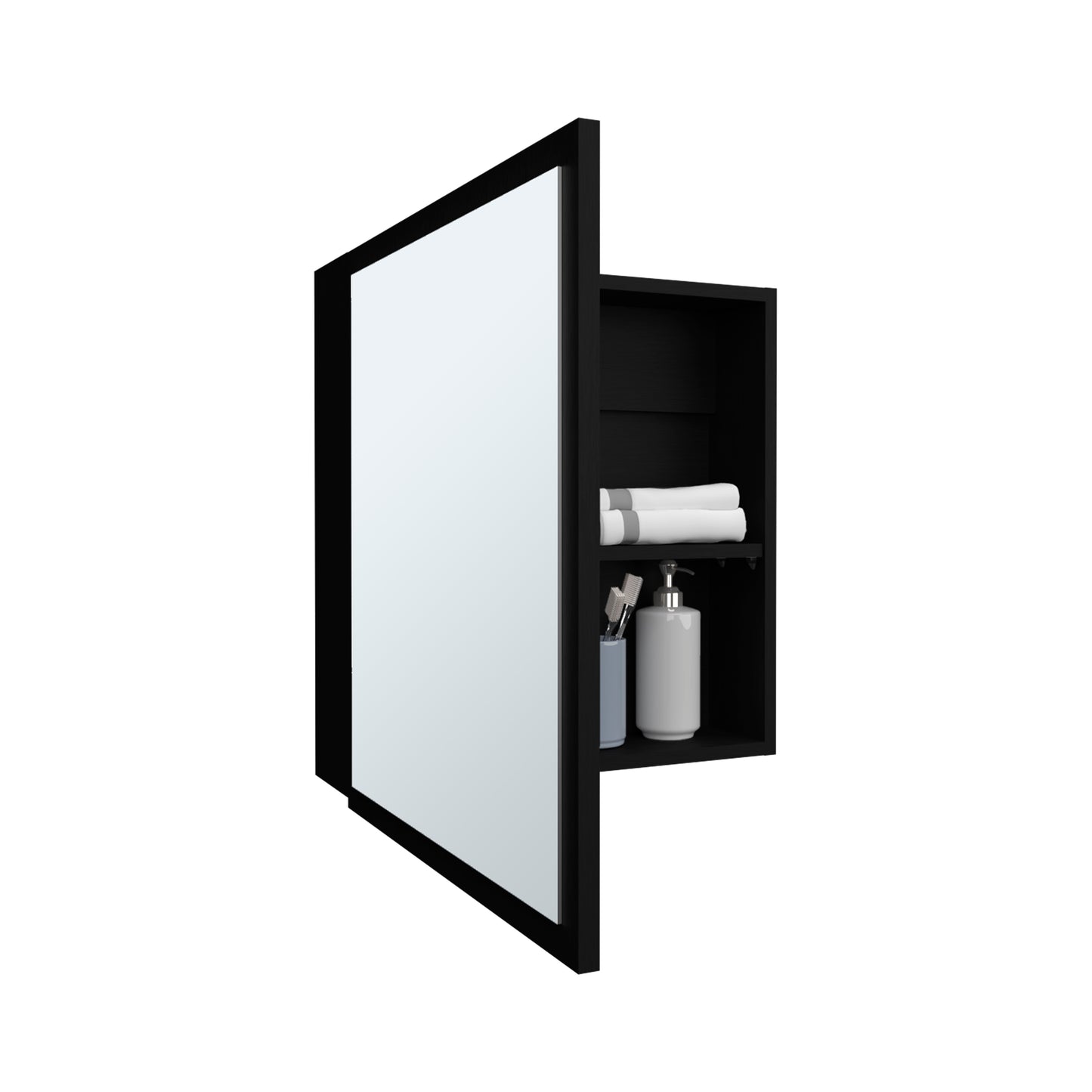 Black modern medicine cabinet with mirrored door and internal shelving for storage