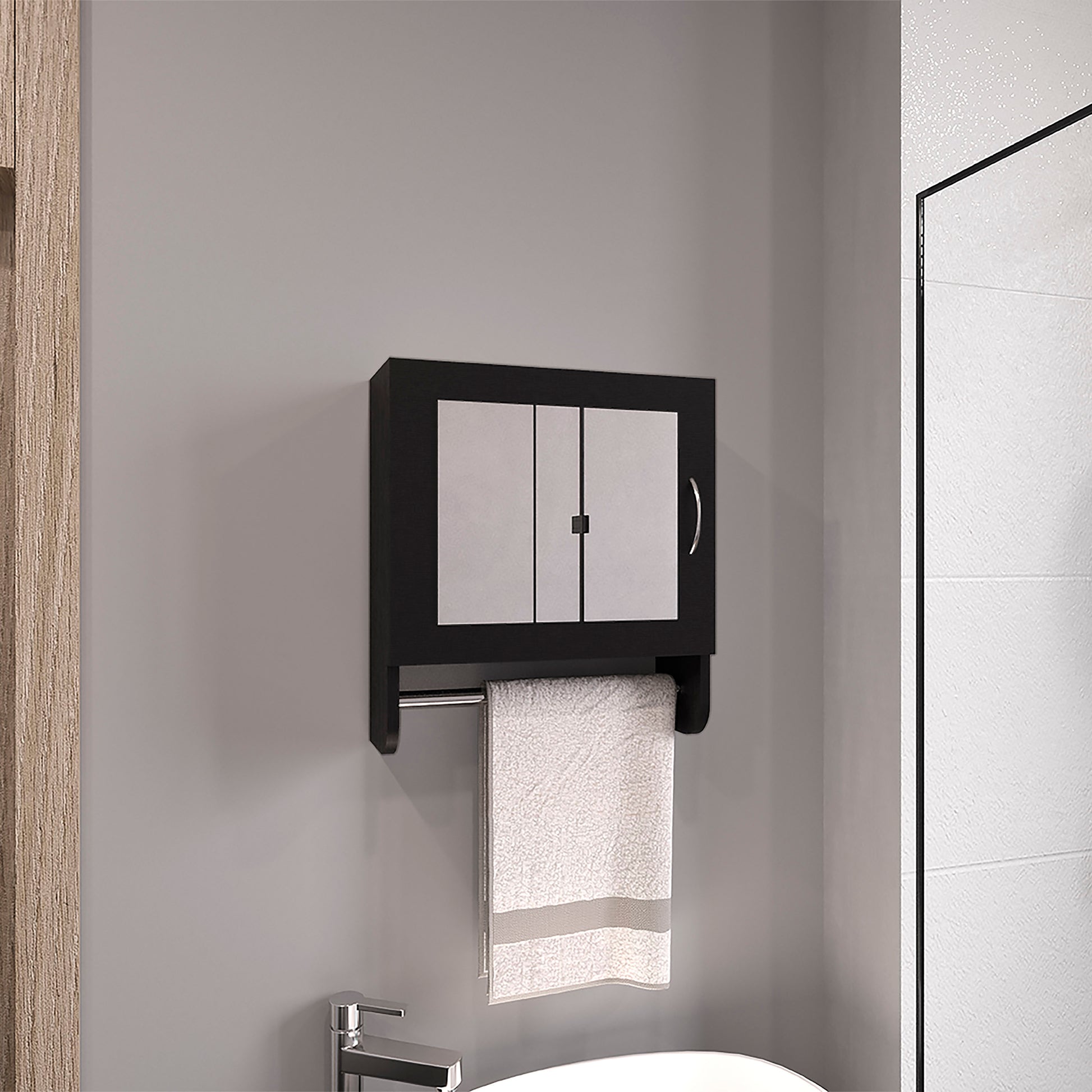 Black wallmounted bathroom cabinet with mirrored doors and towel bar