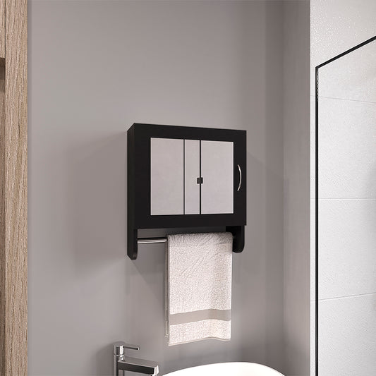 Black wallmounted bathroom cabinet with mirrored doors and towel bar
