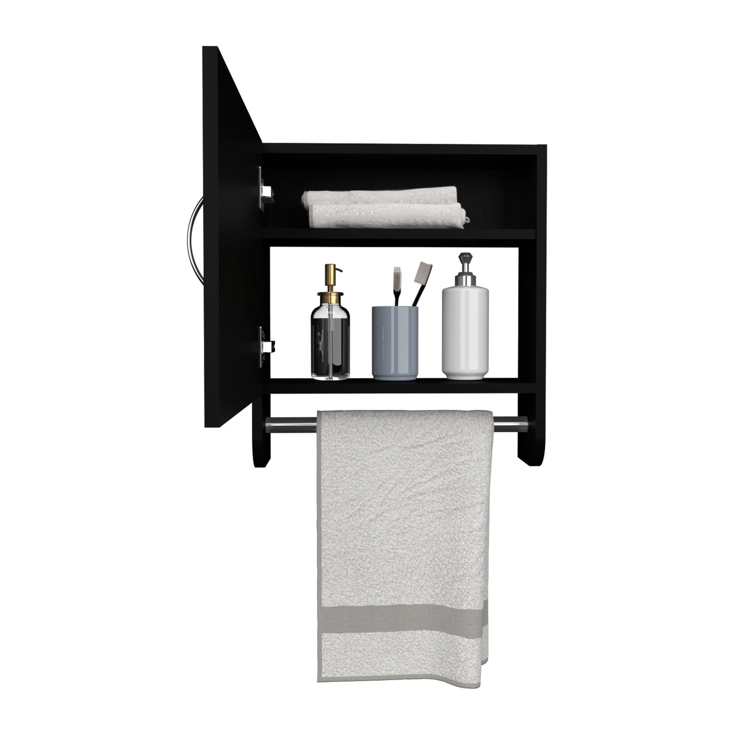 Black modern bathroom cabinet with towel bar and toiletries