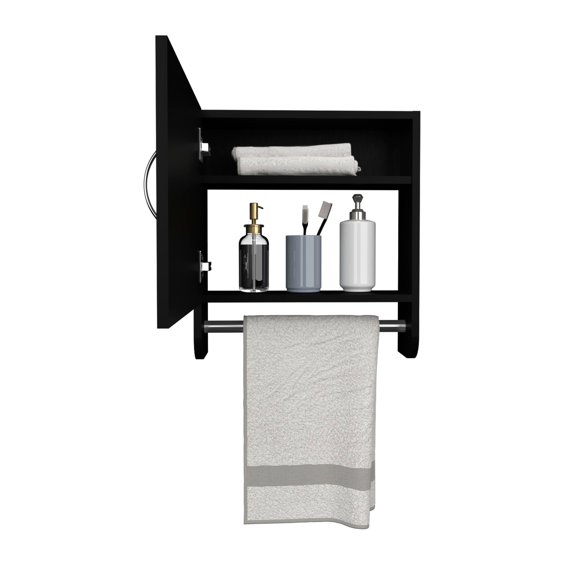 Black modern bathroom cabinet with towel bar and toiletries