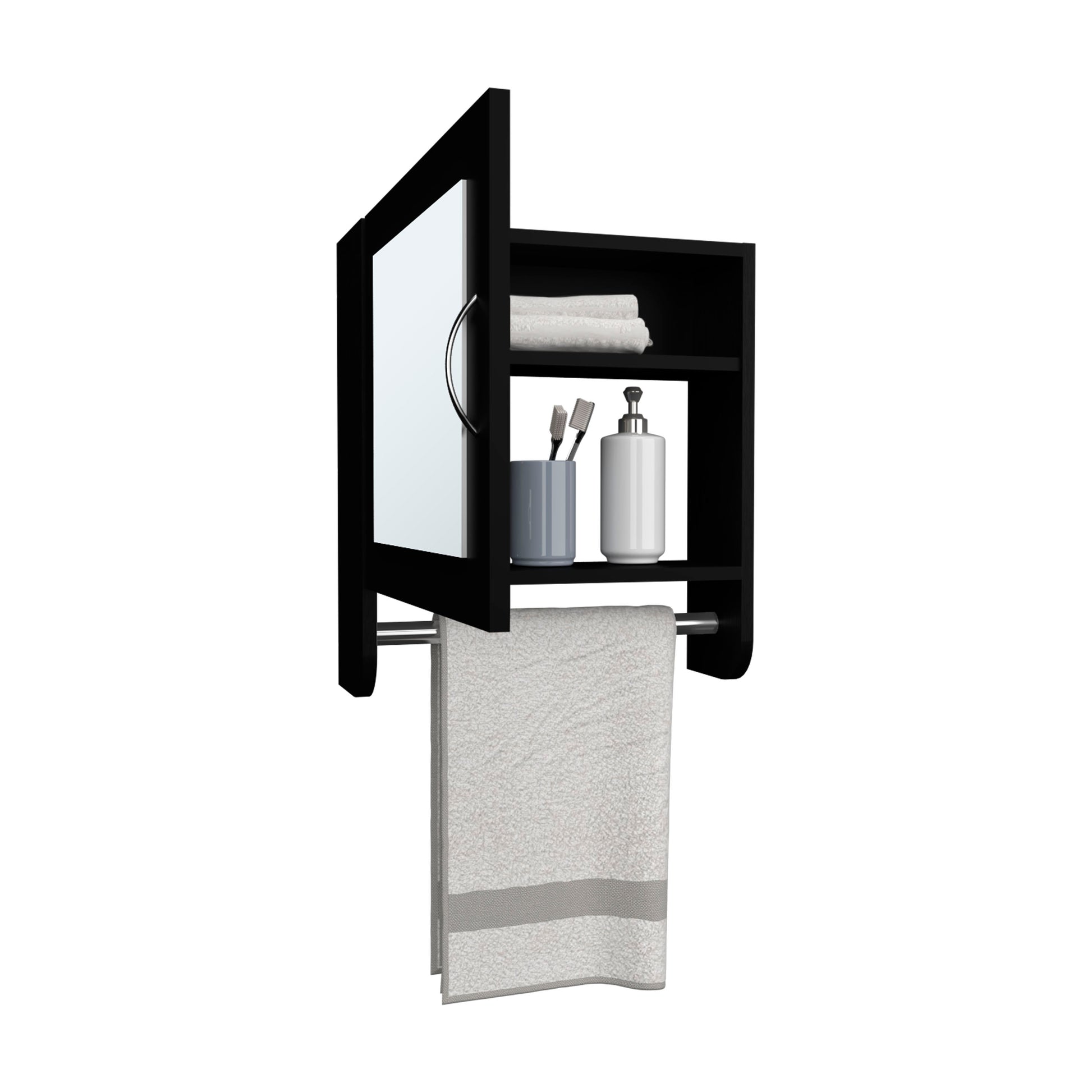 Black wallmounted bathroom cabinet with mirrored door holding towels toothbrushes and soap dispenser