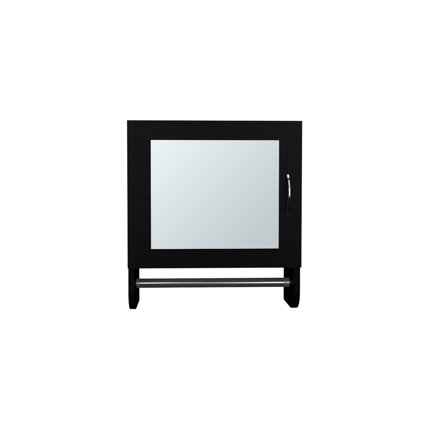 Black modern medicine cabinet with mirrored door and towel bar
