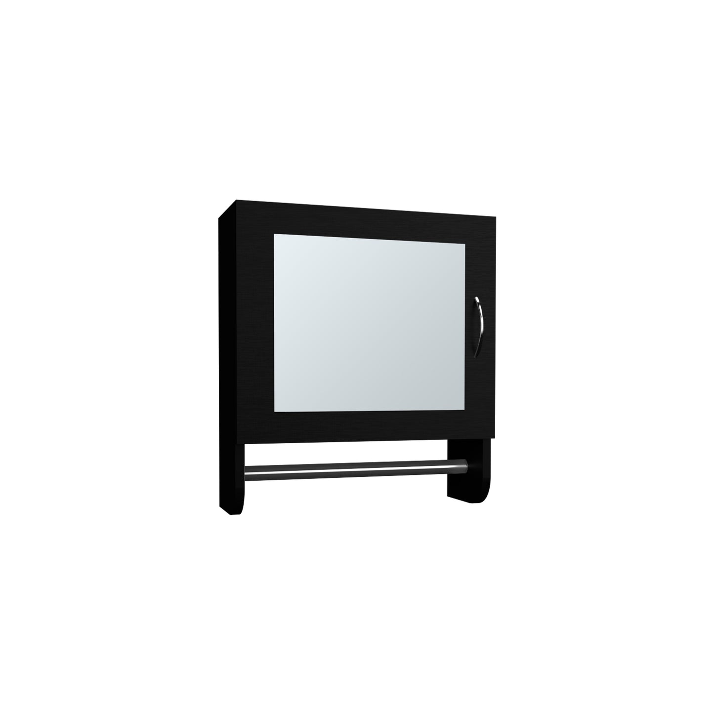 Black wooden bathroom cabinet with mirrored door and towel bar