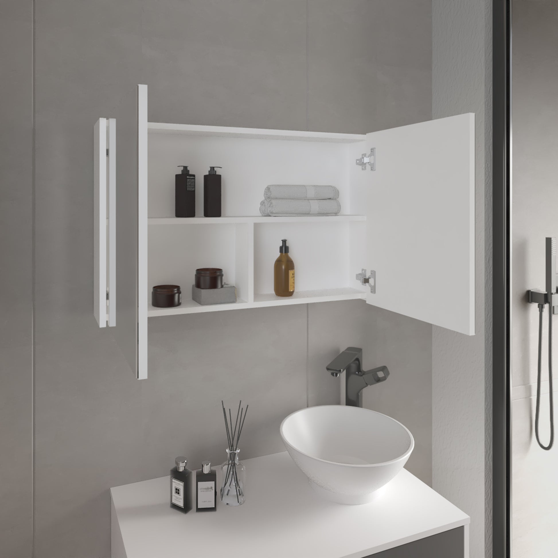Modern white wallmounted bathroom cabinet with open doors displaying toiletries