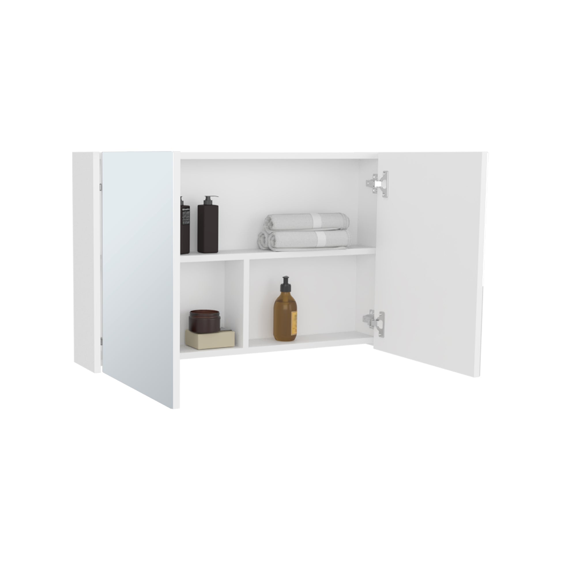 White wallmounted cabinet with mirrored doors open to reveal toiletries and towels